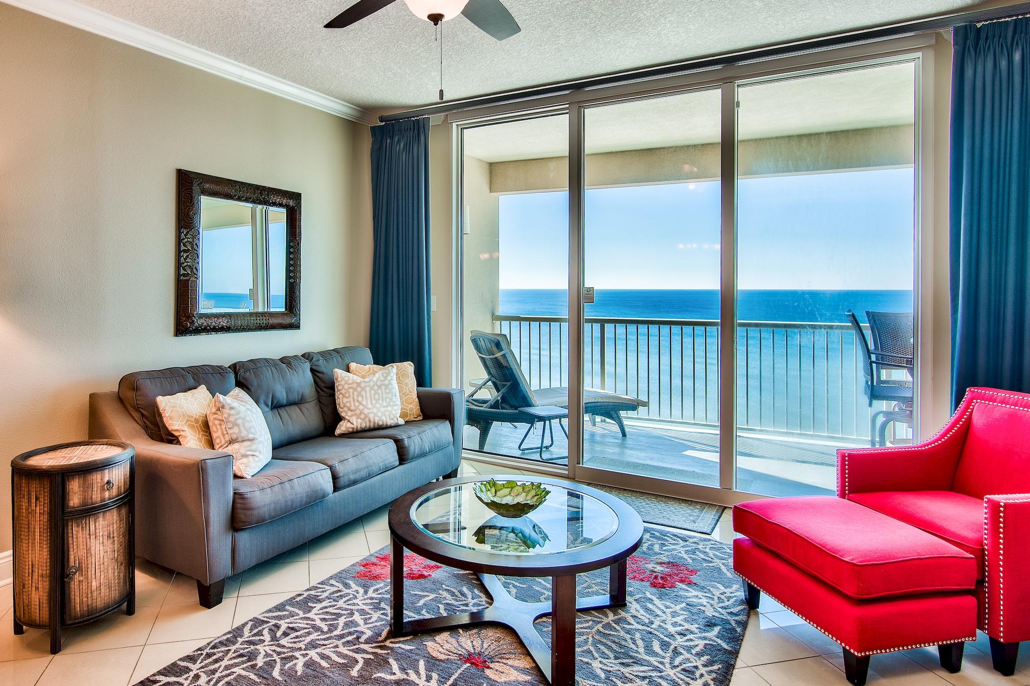 Incredible opportunity to own a Gulf front condo on the desirable west end of Panama City Beach. This fantastic 3-bedroom, 3-bath unit comes fully furnished & features a Gulf front master bedroom & expansive balcony! With 4 floors of underground garage, this unit offers 9th floor elevation with amazing panoramic views of the Emerald Coast. The floor to ceiling sliding glass doors & windows enhance the Gulf views even more. Access a spacious 246 sq ft balcony from the living area & master bedroom, the perfect place to relax, dine or entertain. Tile floor extends throughout the common areas for easy maintenance. This unit would make a perfect full time residence or rental investment with projected rental income up to $54K!