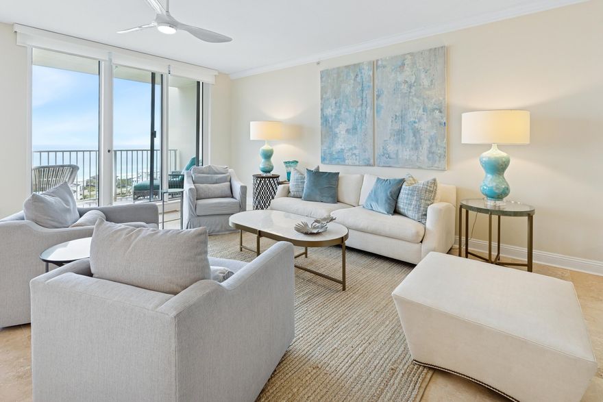 Experience luxury coastal living in this 16th-floor 3BR/3BA condo in the exclusive, rental-restricted One Beach Club Drive. Enjoy sweeping views of the Gulf of America and Choctawhatchee Bay. Coastal-inspired interiors feature travertine floors, quartz countertops, induction cooktop, and updated lighting. A custom Beverage Center includes a 120-bottle wine fridge, Miele coffee system, sparkling water dispenser, and more. The open layout leads to a large balcony perfect for sunset views. The primary suite offers stunning Gulf views, while guest rooms overlook the bay. Additional features include automated blinds and fans, a spacious laundry room, assigned garage parking, and storage. One Beach Club Drive offers unmatched amenities including a gated entrance, garage parking, tennis courts, fitness center, media room, outdoor kitchen, and entertainment lounge. 
Don't miss your chance to own in one of the most prestigious communities along the Emerald Coast. Schedule your private tour today and discover the best of luxury beach resort living.

As an introduction to the Sandestin lifestyle, we invite our new owners to explore amenities that make Sandestin special. The listing brokerage and seller(s) are presenting the buyer(s) of this property with (2) 90-minute rounds of Tennis court time, a golf foursome at one of our three championship courses, and a round of golf for up to four (4) players at the unrivaled Burnt Pine Golf Club.

Sandestin Golf and Beach Resort features more than seven miles of beaches and pristine bay front, four championship golf courses, 15 world-class tennis courts, a 226-slip marina, a fitness center, spa and celebrity chef dining. Shop, dine and play at the charming pedestrian village, The Village of Baytowne Wharf and more. Inside the gates of the resort, residents enjoy a balanced lifestyle of high-class living, spanning the 2,400 acres from the beach to the bay. Everything within the gates of the resort is accessible by golf cart or bicycle. The entire resort is interconnected by miles of pedestrian, bike and golf cart paths that weave through groves of live oaks, meandering past natural lagoons, fountains, man-made lakes, and meticulously landscaped fairways.