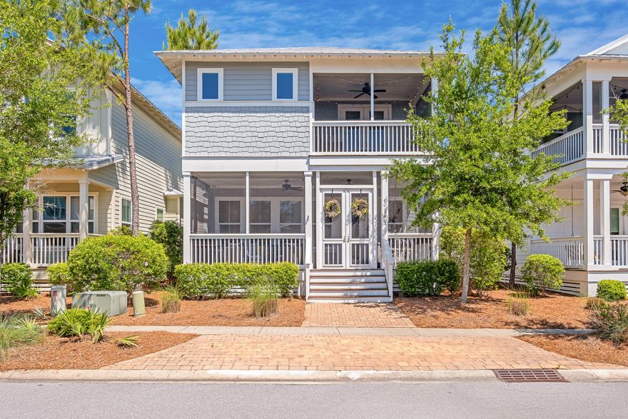 Superbly located close to the beach and area amenities, this beautifully maintained home is in a quiet part of the NatureWalk neighborhood at Seagrove, just steps from The Gathering Place via a short trail. A 6-Seater Golf Cart accompanies the home for trips to Publix and touring 30A. Rarely rented and gently used, this beach home has a screened front porch for relaxing and socializing in shady surroundings at the end of the day. Inside, the spacious open floor plan is perfect for spending quality time with family and friends. Beautiful oak wood flooring, shiplap walls and banks of windows create a bright, lively space for dining, playing board games and watching TV. White cabinets show off the spacious open kitchen with upscale stainless appliances and a granite-topped island overhanging