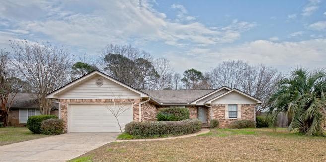 Located right on the county line, 8 minutes from the Navarre Bridge and 7 minutes from Hurlburt Field, this home is ideal for daily commuters. Living room has cathedral ceilings. Kitchen has beautiful granite countertops, custom built cabinets, and all appliances. Home has a bar area in the kitchen, small eat in, and a formal dining room. Inside laundry room with extra built in cabinets. Master bedroom has cathedral ceilings, master bath has upgraded cabinets, double vanities, linen closet and walk-in closet with tons of storage. This home offers a true split floor plan. Owner provides yard equipment as is