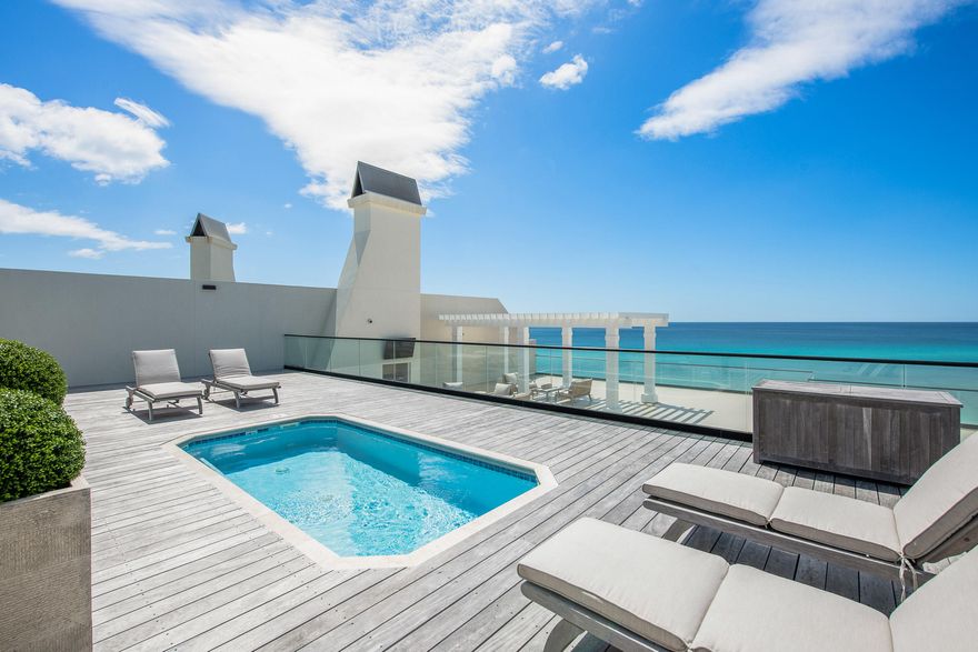 Unobstructed Gulf views. Private rooftop heated pool and fireplace. Floor to ceiling glass windows. This luxurious, exclusive penthouse at Costa Blanca along Hwy 30A is nothing short of breathtaking. Enjoy this fully furnished gulf-front masterpiece featuring 5 full bedrooms plus a media room; including 2 Gulf-front master suites. The kitchen is a home chef's dream with Sub-Zero + Wolf appliances, quartz countertops, and top-of the line finishes throughout. Unit 500 boasts an over-sized Gulf balcony and a 3,800sf rooftop terrace perfect for stunning western sunset views and relaxation. Two dedicated parking spaces allow you and your guests to come and go with ease.