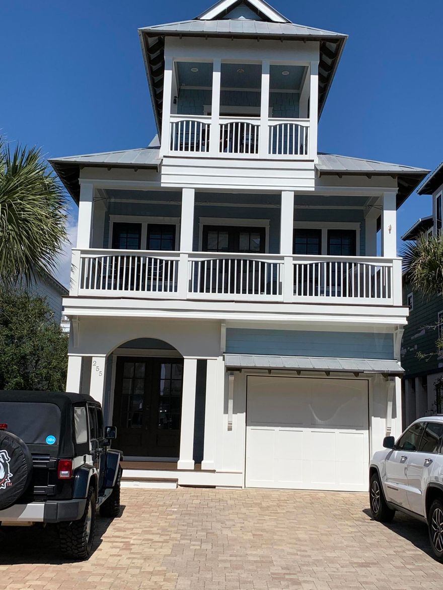 Stunning Gulfview 5 bedroom and 4.5 bathroom recently painted and move in ready turn-key home. Located just one row from the Gulf, and only steps away from Rosemary Beach and the community pool, the location is perfect. This property has great rental potential making it a great investment or a second home. Recent exterior paint, wood & tile flooring, large backyard, 1 car garage, and elevator shaft for future install. On the first floor you will find 3 bedrooms, one ensuite w/ king bed and direct access to the back patio and backyard, and two with a shared bath w/ two doubles and a queen bed, sand room and laundry. The second floor finds the luxury master bedroom with king bed, two large closets, walk-in shower, deep soaking tub, and balcony over-looking the backyard. You'll also find