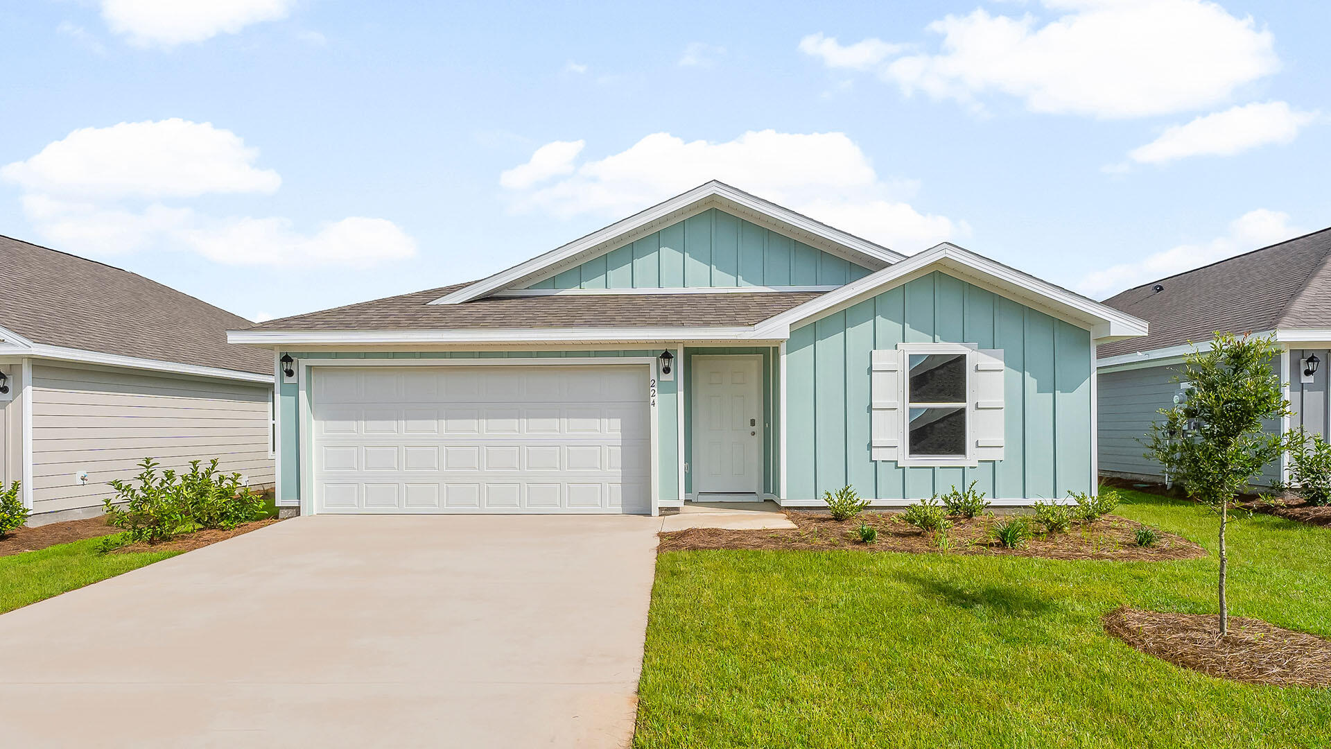Welcome to 224 W Gray Owl Drive at Owl's Head Farms in Freeport Florida. This home is ready for move in and has two spacious bedrooms off the front entry. Continuing through the entry hall, a third bedroom, ideal for a home office or flex space, is located on the adjacent hall that hosts the washer and dryer hookups next to the two-car garage--a practical touch for everyday living. The EVP flooring throughout the common areas allows for a seamless transition through the living area. The home truly shines as you step into the open concept living area. The kitchen stands out with granite countertops, pantry, a sleek stainless steel appliance package, and a central kitchen island that offers plenty of prep space and seating area. The adjoining dining space is perfectly positioned for casual meals or entertaining, while the living room is bright and inviting, with views of the backyard through large windows. Nestled in the back of the home is the primary bedroom which is spacious and features a private ensuite bath with a double vanity, large shower, and a walk-in closet designed for optimal storage. The guest bedrooms feature ample closet space, carpet and share a well-appointed full bathroom with modern finishes and durable engineered vinyl plank flooring, perfect for family or guests.
Step outside to the back patio, where you can enjoy the serene surroundings of this growing community. For more information on the Freeport floor plan at Owl's Head Farms, contact a D.R. Horton Sales Representative today.