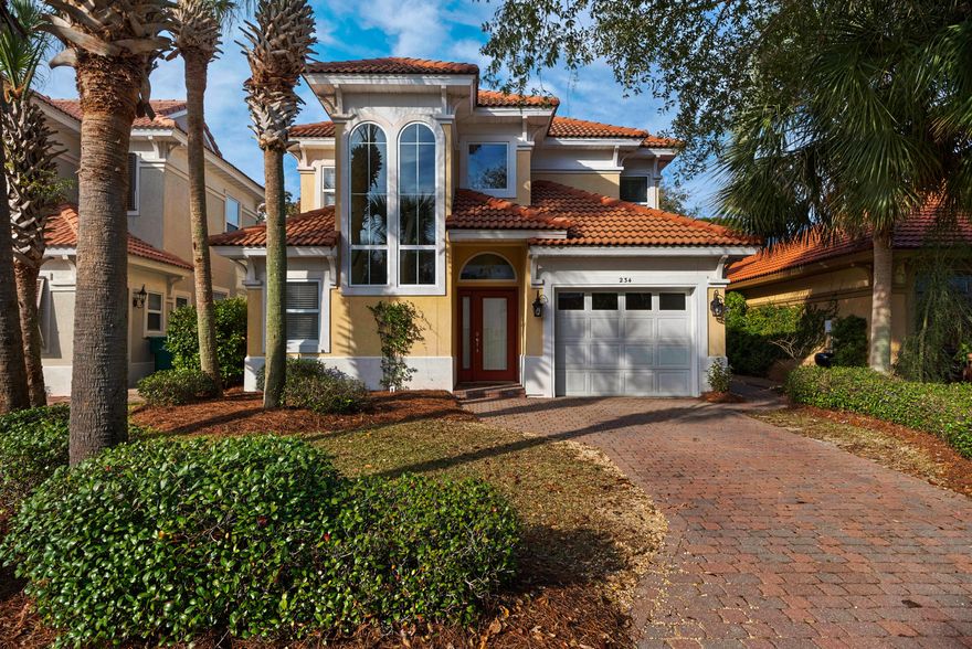 Calusa Bay...a gated, golf-course in the heart of Destin. This meticulously maintained boasts 9' ceilings, crown molding and Moen faucets throughout. Tile flooring in the living room, dining room, and kitchen. The kitchen has Corian counter tops with a breakfast bar and stainless appliances. Bonus: the master bedroom is located downs stairs with en suite bath, dual vanities, shower and a large whirlpool tub. Enjoy the views of the golf course from the large screened in patio w/pavers and ceiling fans accessible from both living room and master bedroom via large, sliding glass doors. Community amenities include large pool and picnic areas. Take a quick ride on your golf cart and enjoy the beaches + the Gulf of Mexico, shopping, dining + entertainment at Destin Commons or golf at Regatta Bay