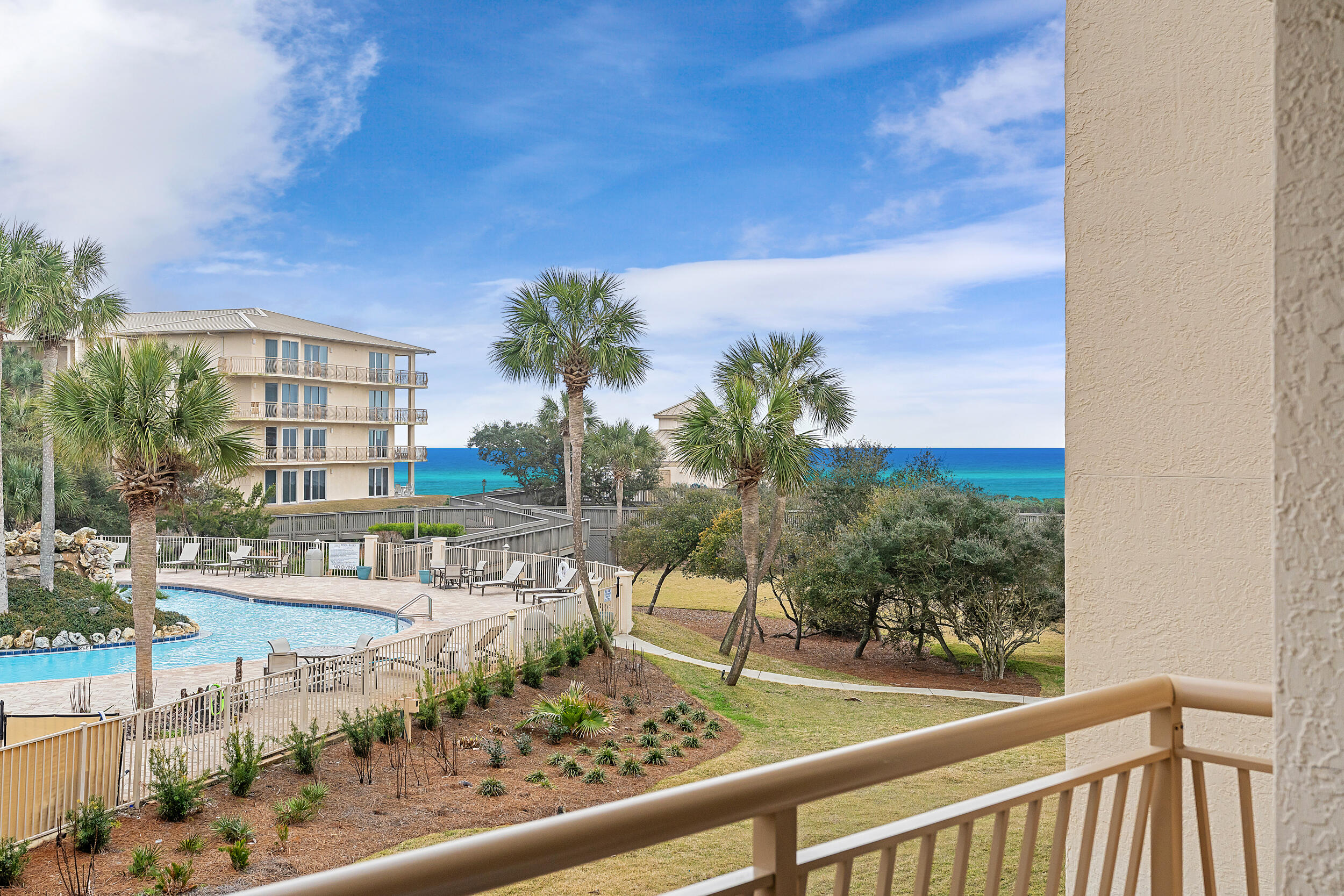 Step into refined coastal living with this beautifully updated second-floor condominium in Building 3 at High Pointe, offering Gulf views and overlooking the resort-style lagoon pool. This fully furnished 2BR/2BA retreat blends modern elegance with the relaxed charm of 30A, making it an ideal second home or rental investment. Recent updates including LVP flooring, fresh paint, modern fixtures and recessed lighting enhance the home's sophisticated ambiance. The kitchen was thoughtfully reconfigured to create a more open and functional space featuring stainless steel appliances, a full-sized washer and dryer and the removal of overhead cabinets for an improved flow between the kitchen, dining and living areas. The living space extends seamlessly to a private balcony, perfect for taking in the coastal scenery and resort-style amenities.

The primary suite serves as a peaceful retreat with balcony access and an en suite bath featuring a tiled walk-in shower. The guest bedroom is equally inviting with access to a well-appointed full bath. Designed for both comfort and style, this turn-key property offers a seamless transition for new owners.

High Pointe is an exclusive, gated community nestled between Rosemary Beach and Alys Beach offering 600 feet of private beachfront, a lagoon-style pool, tennis and pickleball courts, a playground and an iconic beachside bar and grill. Whether you're looking for a personal getaway or a strong rental investment, this property is an exceptional opportunity in one of 30A's most sought-after destinations.
