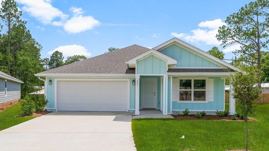 Welcome to 203 Eunola Lane, a new home at Ashton Park Phase III in Freeport, Florida. This home is move in ready and features a covered front porch perfect for an outdoor seating area and a light-filled foyer that effortlessly flows into the heart of this inviting 4-bedroom, 2-bathroom home. Off the entry hall, you will find two generously sized bedrooms, each with its own large closet, separated by a shared full bathroom. The third guest bedroom is located off a hall with laundry room offering a private retreat for guests or a functional home office or den.