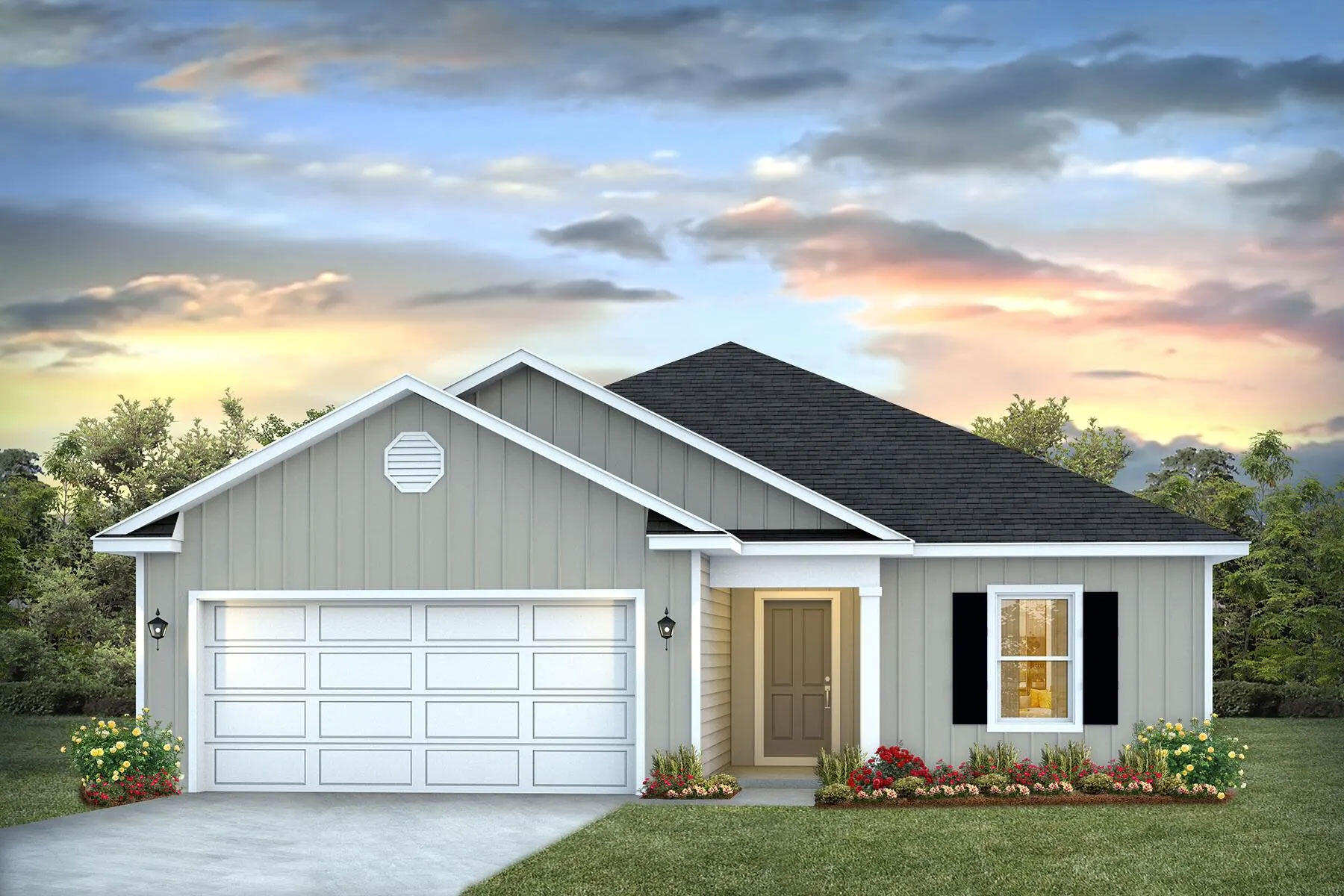 The Lismore plan is a 1 story home featuring 3 bedrooms and 2 bathrooms. The open concept floorplan offers Ivory shaker style cabinetry and granite countertops in the kitchen and bathrooms. Your primary bedroom is located away from the other bedrooms allowing you peace and privacy.