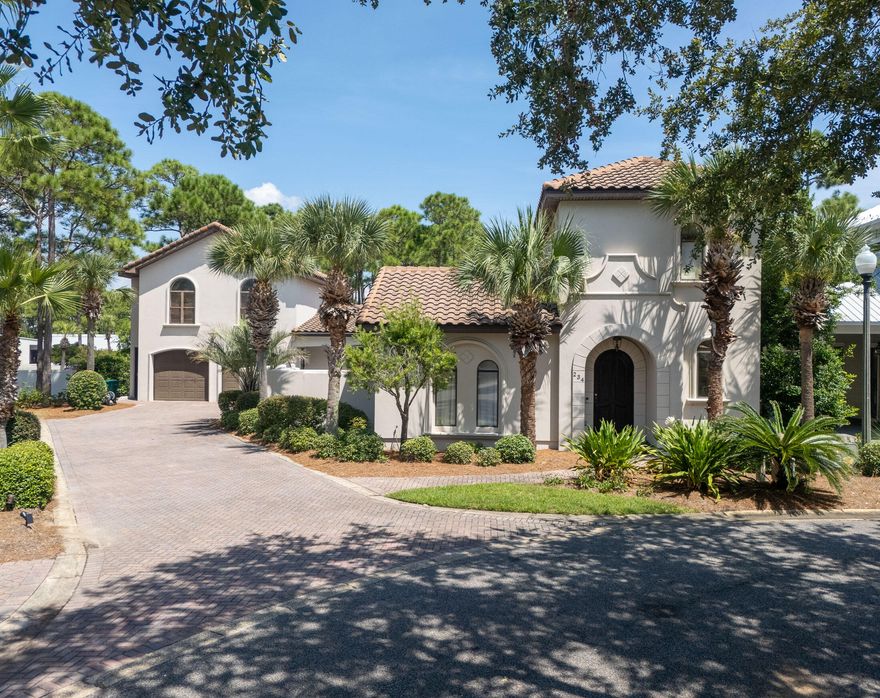 What a  Beautiful Spanish style architecture home near the beach!  This house has 10 ft ceilings, travertine floors, gourmet kitchen and much more!!  This house is perfect for a primary residence, second home or vacation rental property.  Located in the private gated community of Emerald Waters, with 2 community pools and only a 5 minute walk to the deeded beach access.   The main house has approx. 3300 sq ft with 5 bedrooms and 4 baths.  Carriage house has 475 sq ft with 1 bedroom, full bath, washer/dryer and spacious living/kitchen area, luxurious bath with custom stone walk-in shower and whirlpool tub.  This home has a private walled and gated courtyard with a spa-like setting that includes a heated pool.