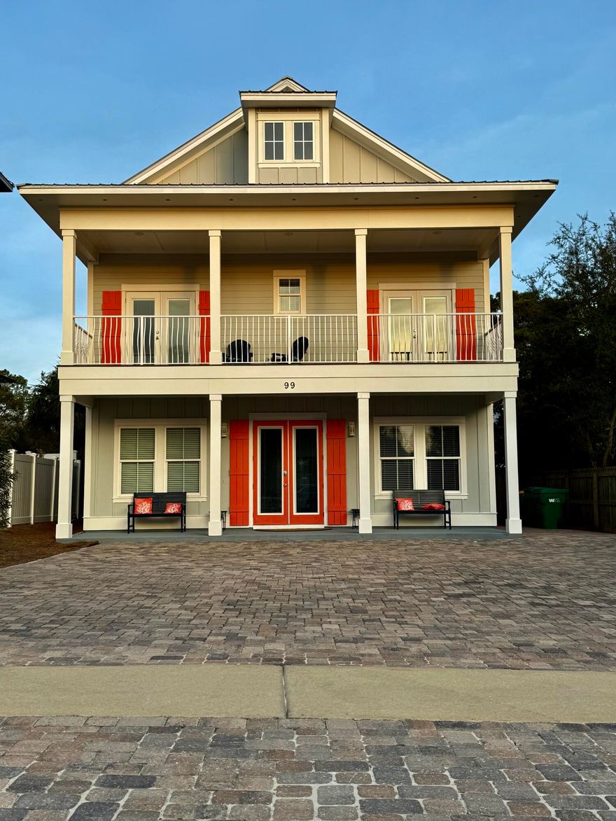 Serenity awaits in Crystal Beach!  This beautifully appointed 7-bedroom, 7-bath modern coastal cottage is an easy walk to the most gorgeous beaches on the Emerald Coast!  Conveniently located near Destin Commons, this spacious vacation home is steps away from access to fantastic shopping and unlimited dining experiences. Open concept living at its finest; the main floor living area includes a spacious kitchen with an extra-large quartz island, harvest dining table for family-style dining, and a breezy and comfortable living room in which to unwind after a long day at the beach!  Main floor living includes 2 spacious king suites, with a second floor that boasts 4 king-sized suites and a central bonus family room perfect for casual relaxing.