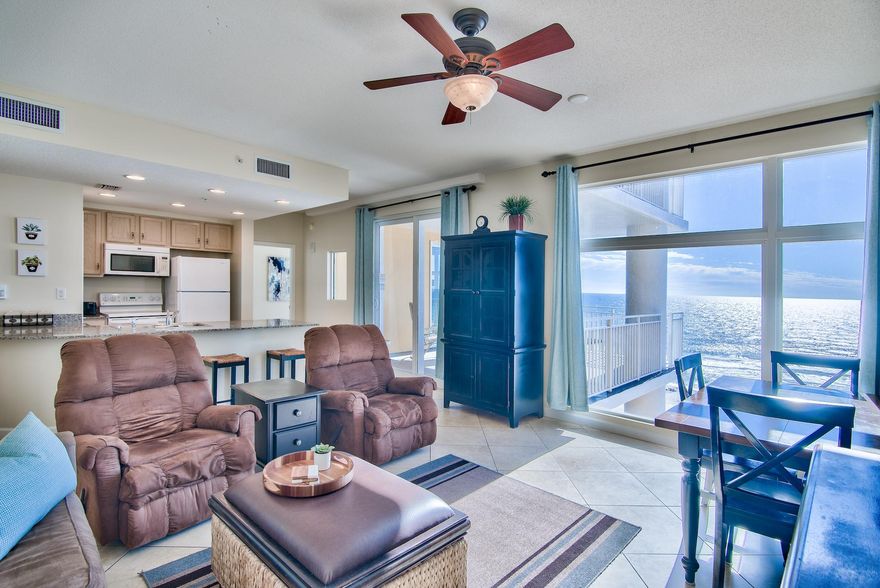 Great opportunity to own a piece of paradise with this Gulf front condo! This exceptional 3-bedroom, 3-bathroom unit is very spacious with 9 ft ceilings, tile floors throughout and fully furnished. It is located on the very desirable west corner of the building which offers spectacular views of the Gulf of Mexico and about 1700 ft of unobstructed beachfront. The oversized balcony is great for relaxing while listening to the waves and enjoying breathtaking views of the sugar white sand beach and emerald green waters of the Gulf. The Gulf front master suite has balcony access, a walk-in closet and a large bathroom with garden tub. The charming kitchen is accented with recessed lighting, granite counters and a large breakfast bar. The spacious floor plan makes for a wonderful home or rental.