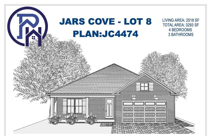 Under construction is this one story 4 Bedroom, 3 bath home in newly developed Jars Cove Community.  Total Square footage is 3,293, with 2,518 square footage heated and cooled.  Full brick construction, high ceilings, fine finishes, and two car garage in an open airy floor plan. Don't miss the opportunity to own this new home.  Home will be part of a Homeowners Association and HOA dues have not yet been determined and current figures are estimated.   Buyer to verify all dimensions and dues before entering into contract.