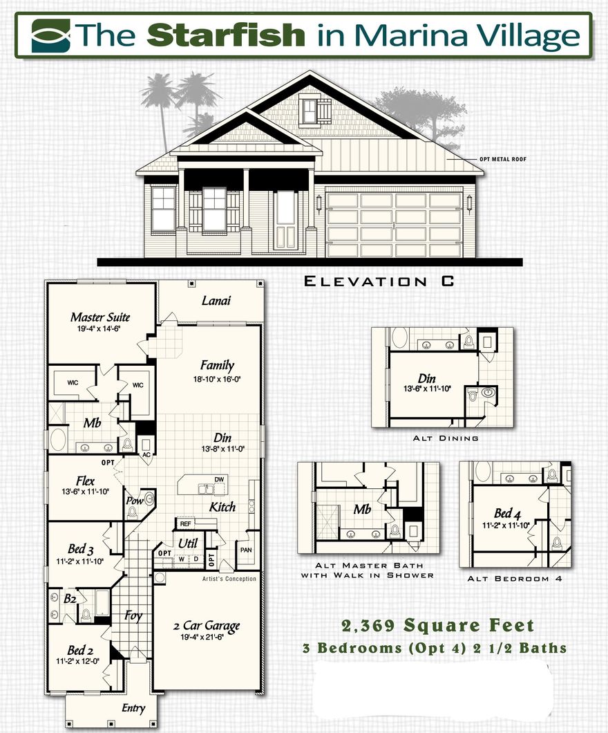 Marina Village is a private, bayou-coastal community, with pool, playground and access to Marina. Floor plan is 2,369 square Foot, 3 bedroom, flex room with laminate floors and double doors, 2 1/2 bath. Brick exterior, covered entry, large covered rear porch, 2-car garage and landscaping package with automatic sprinkler system. Interior finishings include, 9 foot ceilings, crown molding, cased openings and windows, 8' doors throughout and brushed nickel hardware and lighting. Tiled shower and tub deck, double vanity and walk in closet in master. Laminate, tile and carpet floor coverings. Some upgrades include ceiling fan at lanai, laundry base cabinet with sink and upper cabinets, and back splash in kitchen. Fence included!!