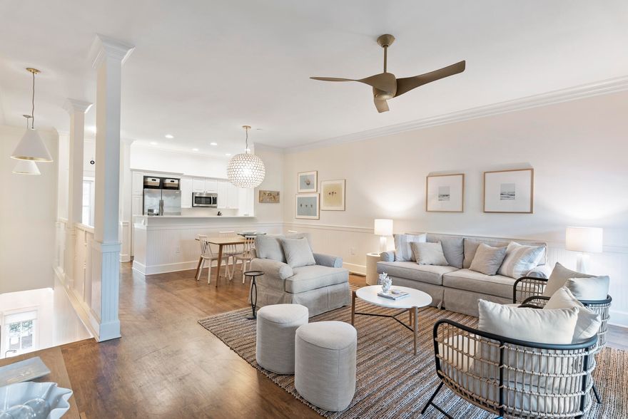 Here is your chance to sit on either one of your two decks, relax enjoy your coffee in the morning or wine in the evening while overlooking beautiful Cerulean Park with it vast green space and fountain. Enjoy the enviable location of walking distance to the new $15M Beachclub or one of five restaurants or a very short stroll into Seaside.  Professionally decorated in 2022, with all new furniture, paint, kitchen countertops, lighting and window treatments.  Two bedrooms; one with a set of twin beds and ensuite bath and the master with a king bed and two showers in an ensuite very large bath. The second floor offers an open living space with a kitchen and breakfast bar and a separate dinning area and large living area with two sets of double doors opening to a screened porch.