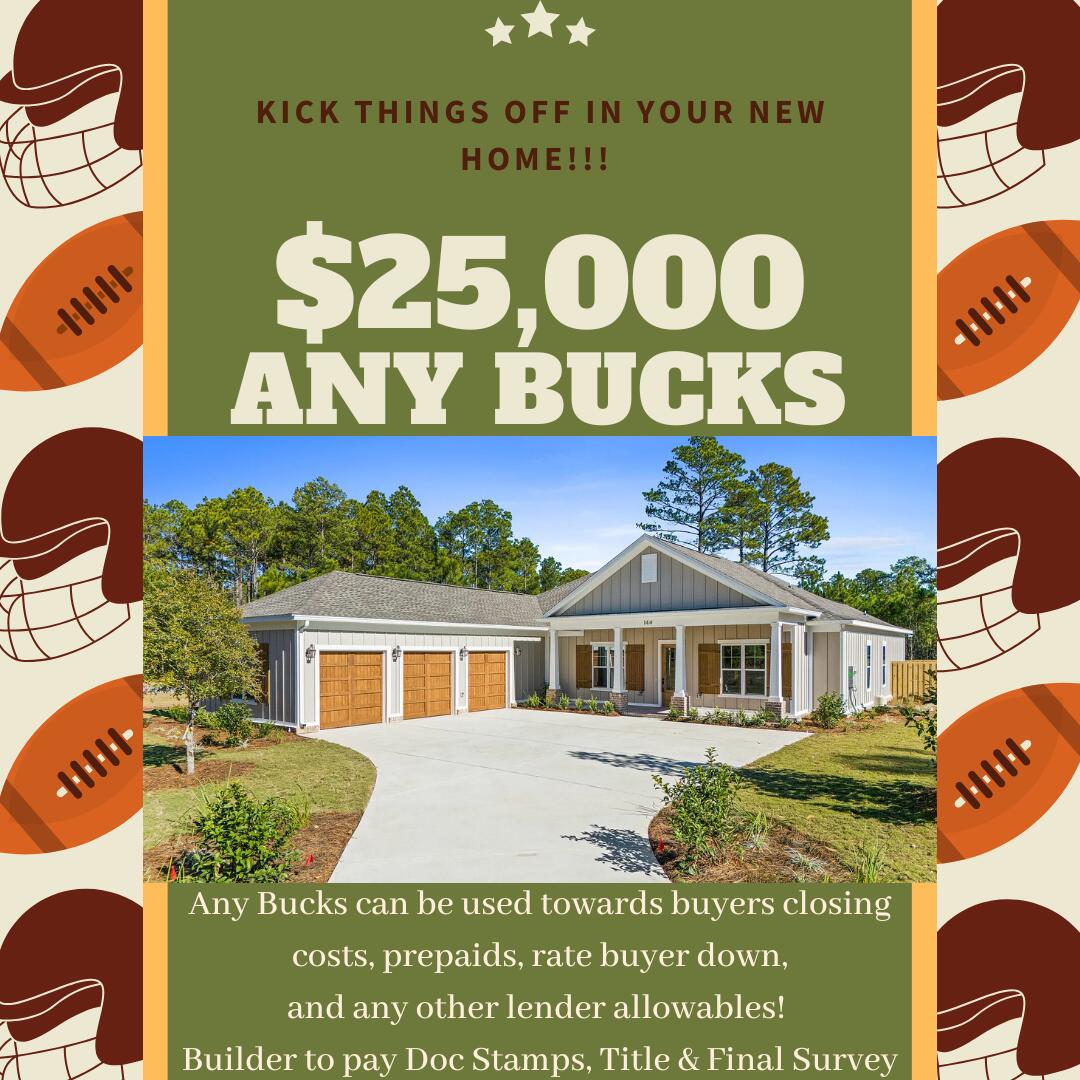 Builder offering $25k ANY BUCKS!!! Located in the highly sought after waterfront neighborhood of Steamboat Landing. Spacious 5 bdrs, beautifully designed 3 bathrooms, dining, flex room and a 3 car garage-this home is ideal for modern living. The open concept floor plan is framed w/natural light, 10' ceilings, Custom cabinetry w/Quartz countertops, 7' crown molding, tile and LVP flooring - no carpet, tankless water heater and more! Take the boardwalk to the bayfront clubhouse, and enjoy the beauty of Choctawhatchee Bay from the 500 ft dock. An experience that's right at your doorstep. This exceptional community offers access to the extensive array of Hammock Bay amenities that include a sports complex, pools, fitness centers, tennis, pickleball, basketball, and miles of sidewalks.