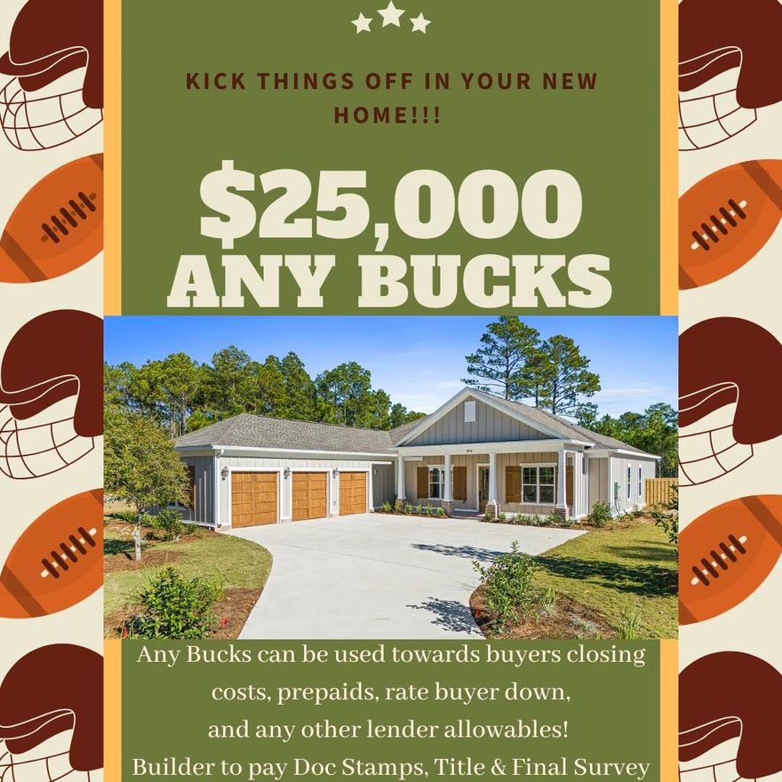Builder offering $25k ANY BUCKS!!! Located in the highly sought after waterfront neighborhood of Steamboat Landing. Spacious 5 bdrs, beautifully designed 3 bathrooms, dining, flex room and a 3 car garage-this home is ideal for modern living. The open concept floor plan is framed w/natural light, 10' ceilings, Custom cabinetry w/Quartz countertops, 7' crown molding, tile and LVP flooring - no carpet, tankless water heater and more! Take the boardwalk to the bayfront clubhouse, and enjoy the beauty of Choctawhatchee Bay from the 500 ft dock. An experience that's right at your doorstep. This exceptional community offers access to the extensive array of Hammock Bay amenities that include a sports complex, pools, fitness centers, tennis, pickleball, basketball, and miles of sidewalks.