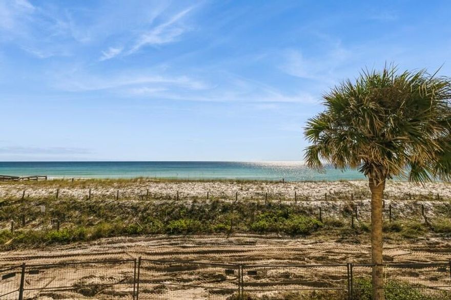Welcome to your second floor, panoramic view from all main living areas and primary bedroom; allowing for unobstructed, full frontal views of the private beach where the sand meets the waters edge of the Gulf of Mexico. The entire complex has undergone an extensive special assessment, ensuring a well-maintained and visually appealing living environment. You will be drawn to Unit 203 from the moment you open the door, where these sensational beach views can be enjoyed from all main living areas; to include the kitchen, living room, and primary bedroom! This open concept floor plan is spacious, with roughly 1,173 square feet; featuring two oversized bedrooms with double closets and two full bathrooms, making 203 perfect for owners and guests or as a short term rental machine! The interior has been remodeled and features stainless steel appliances, granite countertops and white cabinets, tiled showers, luxury furniture, and tasteful decor; providing a modern coastal aesthetic. Step out on to the patio from either the living room or the primary bedroom where you can comfortably dine and relax on the the sprawling 36' x 15' of outdoor living space overlooking one of the most beautiful beaches and emerald green waters in Destin.  Only a handful residents at the Aegean get to revel in the stunning natural beauty of the coastal landscape from the comfort of their own unit. These views can also be admired from various vantage points within the complex whether you are relaxing at the pool,  playing tennis/shuffle board, or while grilling on the outdoor BBQ. At the Aegean on Holiday Isle, this serene and captivating atmosphere delights the senses and evokes a true connection with nature. This well-appointed residence is an ideal choice for those seeking a comfortable and stylish living experience with numerous convenient access points to the Destin Harbor for dining, shopping, and entertainment.
