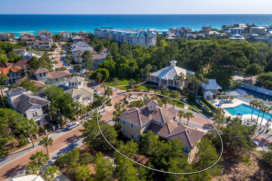 COMPELLING NEW PRICE in the Village of White Cliffs south of Hwy 30A across from the community pool, gathering center, and tennis court. This one owner custom home was built by premiere custom builder Dixon Kazek Morrison Custom Homes. The main residence offers a 2 bedroom, 3 bath + study with tile floors, high ceilings and beautiful crown molding on first floor. Beautiful curved staircase leads to second floor with two large bedroom suites. The 1- bedroom carriage house sits atop a full two car garage that creates a private courtyard with heated spa pool. Primary and secondary homeowners enjoy this quiet rental restricted beach community. 390 feet of deeded beach is accessed via the iconic beach pavilion sitting atop one of the highest bluffs along the entire Gulf of Mexico.
