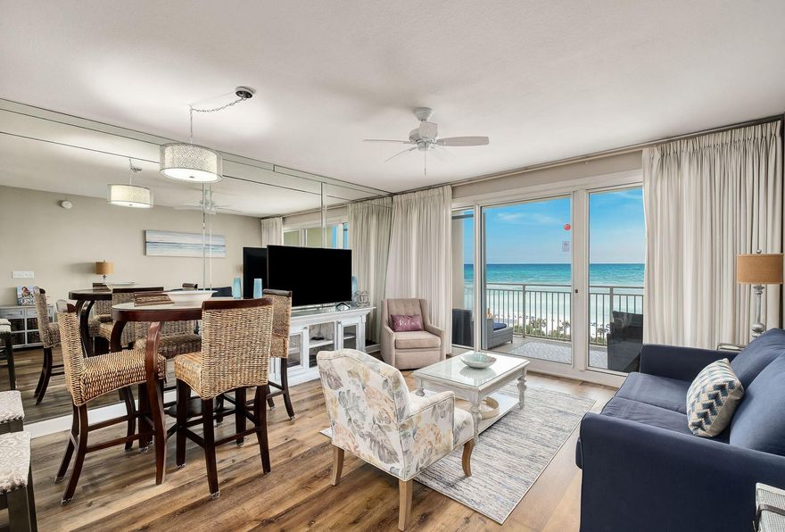 Few condos can beat the breathtaking gulf views that greet you from this fully furnished 9th floor unit at Sterling Shores. Tile floors in the hallway lead into an open living space with LVP wood flooring, a comfy sleeper sofa and ample space for living and dining. All eyes will be drawn to the wall of sliding glass doors that deliver mesmerizing views of the emerald Gulf of Mexico. Step out onto the furnished balcony and admire the stunning views across the pool and resort. The ninth-floor location is perfect for relaxing and enjoying a sense of privacy while still engaging in the resort ambiance. The C-shaped kitchen has everything you need to rustle up snacks and drinks when you don't want to dine at nearby restaurants and bars. Stainless steel appliances and fully wrapped countertops add a sense of luxury. The high-top breakfast bar doubles as a cocktail bar when entertaining. Two generously sized bedrooms include a king-sized master with an ensuite bathroom that has a shower over the tub. A second full bathroom and a handy laundry closet with a stacked washer-dryer complete the well-appointed space. This gated resort is a hidden gem with superb resort-style amenities and a clean refreshing atmosphere being right at the beach. If you fancy a cooling swim, take your pick from the 4,300-square-foot lagoon pool or the gulf-front pool with stunning views. Make use of the onsite fitness room and theater or chill and socialize at the bar and grill. Within easy reach of popular Destin attractions such as The Track and Big Kahuna's Water Park, the central location ensures year-round popularity. Deeded beach access is just 100 feet from the door. For investors, this remodeled unit is a proven moneymaker, with strong rental history dating back to 2021.