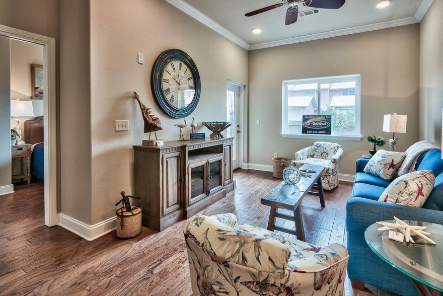 Back on the Market! Popular ground floor! Stroll across the street to the beach via one of the two deeded beach accesses (1 private), or hop in your golf cart for a short ride to shopping, dining and entertainment on Scenic 98 (a.k.a. Old 98).This 2-bedroom condo offers wood floors throughout with tile in baths; 10-foot ceilings; crown moulding in living area; granite countertops in kitchen & baths; stainless steel appliances; washer and dryer. Alerio is fenced and gated, with a heated pool, hot tub, splash pad for kids and outdoor grilling area. Note: photos are of previous model and new furnishings have been installed. All information should be confirmed by buyer.