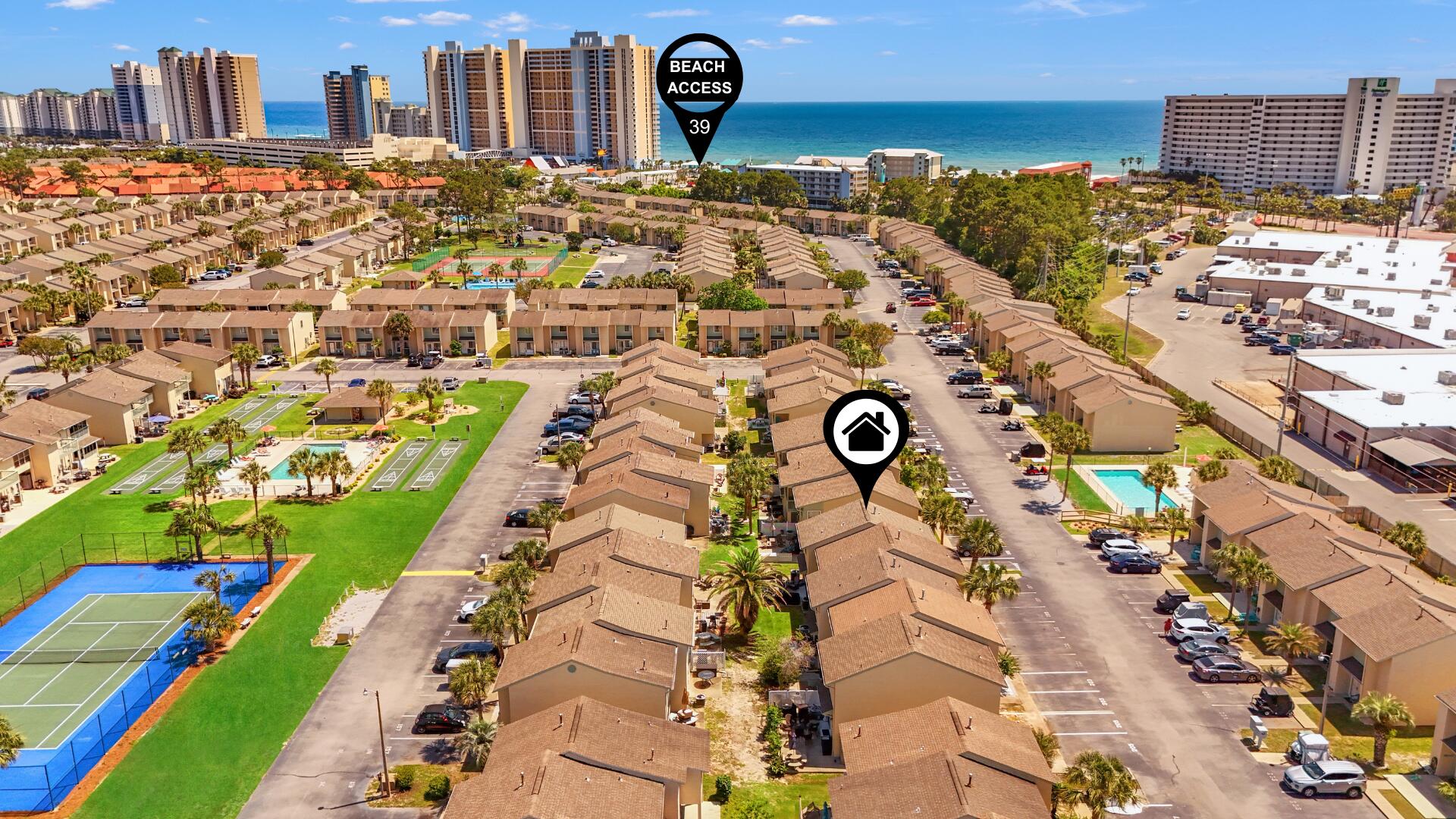 Beautifully updated extra-large, glass-back 2 bedrooms, 2.5 baths, end unit. Search on YouTube ''For Sale 197 Robin Ln in Gulf Highlands Beach Resort'' for video tour. Located right across from the community pool, with a second pool and tennis court just steps out back, this home blends comfort, convenience, and style in one unbeatable package. Inside, you'll find tasteful upgrades including LVP flooring, a cozy brick accent wall, shiplap details, and stylish furnishings throughout, all of which convey with the sale, including the custom-built Amish patio set. New 2025 HVAC & 2022 Roof. Enjoy peace of mind with two assigned parking spaces right at your doorstep, plus golf cart parking, and yes, this is a golf-cart-friendly community just a 5-minute walk (or 2-minute ride) to the beach! FHA & VA approved and rental-ready with strong projected GRI of $40K+, this home is ideal for personal use, short-term rental, or both. Don't miss this rare opportunity for a fully furnished coastal getaway in a prime PCB location! LOW HOA includes: 11 pools (5 heated), shuffleboards, water-front restaurant & pool, mini golf, exercise room, tennis courts, pickleball, playground, WIFI, pest control, termite bond, trash, ground keeping, irrigation, property patrol, gated community, etc