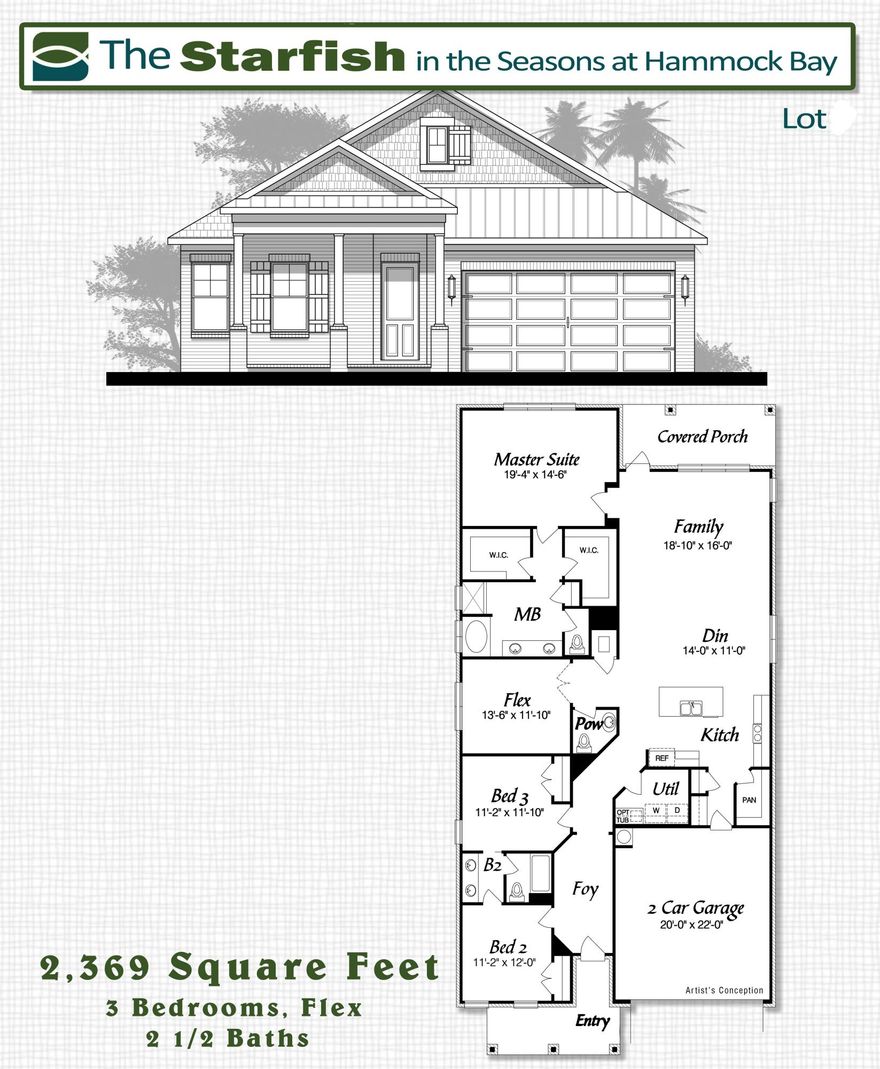 The Starfish plan has 2,369 square feet, three bedroom, plus flex room with doors and 2.5 baths. Brick exterior, covered rear porch and 2 car garage. Interior finishings include, 9' ceilings, granite counter tops, laminate, tile and carpeted floor coverings, crown molding, cased windows and openings. Upgrades include laminate floors in master bed, floor plug in living room, sink in laundry room with lower cabinets, ceiling fan at lanai and steel tub with tile surround in bath 2 and master bath. Natural gas range and Rannai tank water heater. Stainless Frigidaire appliances, WoodHarbor cabinets with 100 year finish warranty. Hammock Bay is a 3,200 acre master planned development which offers a clubhouse, movie theater, pools, workout facility, nature trails and a pet park.