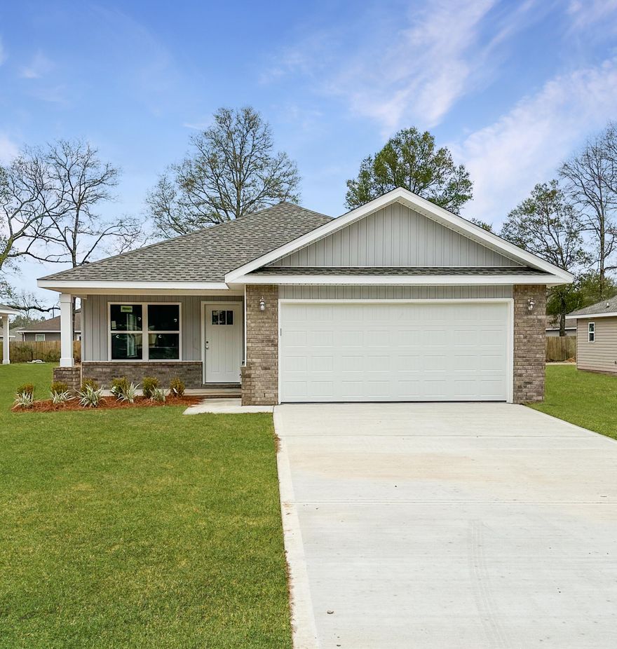 This brand new home is now complete. No Homeowners Association Fees. Low County Taxes. The builder offers a TEN year structural warranty and a 2 year systems warranty.
Three bedrooms, 2 full bathrooms.  Laminate Flooring Throughout. NO Carpet. White shaker cabinets throughout and quartz countertops. Bedrooms have ceiling fans. Two car garage with opener.