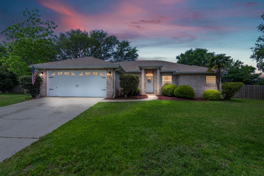 Come see this beautiful home!  Close to everything including shopping and military bases, this fully brick, spacious home is ready for new owners!  Drive in to the beautiful neighborhood complete with two fishing lakes and a nature walk. Pull up to the ample driveway at the end of quiet streets, and be wowed.  Wood-look hard floors in the entry, dining and kitchen, and a lovely split floorplan.  Upgrades include: updated cabinets, granite counter tops, newer windows and doors, gutters, brick mailbox, metal hurricane shutters, stainless appliances, dual vanities, trey ceilings, ceiling fans throughout, mature landscaping with new sod and rubber mulch.  Huge screened porch with decorative concrete stamping and outdoor ceiling fans complete the outdoor living!  HVAC and Roof 2018!