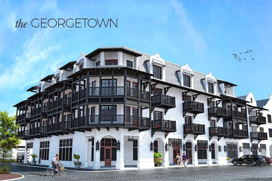 Pre-Construction on the Town Square in Rosemary Beach. Saving the Best for Last! The Georgetown will be the last building constructed on N. Barrett Square in Rosemary Beach. Accepting Reservations. Construction will begin in mid 2016 and completion is expected in mid 2017. Each features 3 bedrooms, 3 bathrooms, a large bunk-room, and lots of balconies. Unique to residential condominiums,each unit has a large laundry room with utility sink, deeded conditioned storage room and deeded covered parking space. Several of the interior appointments include Wolf 36'' dual fuel range with griddle, Sub-Zero 36''French door refrigerator and wine cooler, wire brushed oak hardwood floors, frame-less glass showers and Calcutta Gold marble counters.