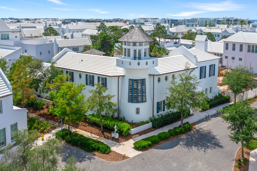 Entered for Comp Purposes. Introducing Aspri Villa, one of the largest Compound Houses in Alys Beah offering the largest pool and courtyard area in all of Alys Beach which exudes the feel of a private boutique hotel. Centrally located on North Charles Street overlooking Papilio Park, this house defines the streetscape with a 3rd floor Tower Room that provides horizon views over the whitewashed rooftops throughout the town. This stunning Tom Christ design boasts 6 bedrooms and 7.5 bathrooms, providing ample space for both relaxation and entertainment. The expansive first floor has a master suite, multiple living rooms that look out to the covered loggia and courtyard beyond, a pool house with 2 guest suite bedrooms, a professionally outfitted kitchen with Calcutta gold marble and beamed ceilings, a private breakfast courtyard off the kitchen, and a large 2 car garage. The dramatic spiraled staircase leads to the private master bedroom suite which spans the entire southern wing of the second floor while the eastern wing is comprised of 2 guest suite bedrooms and a trellised rooftop terrace. An additional and separate rooftop terrace offers an outdoor dining area, fire place and hot tub.Very rare opportunity to own this one-of-a-kind property in Alys Beach.