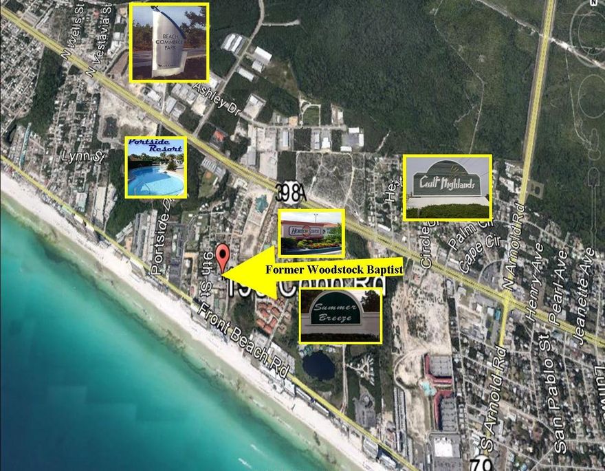 Perfect 2.71 acre site for a townhome or condo development, or motel / hotel. 2.71 acres zoned Commercial High Intensity and strategically located one mile west of Highway 79, on the south side of US Highway 98 (Panama City Beach Parkway), and just a few hundred yards from the Gulf of Mexico. Consists of three parcels with 30,392 SF of improved space. 190 Cobb Road consists of four buildings (11,926 SF church; 1,710 SF fellowship hall; 2,176 multi-purpose room; 206 Cobb Road consists of a 12,356 SF youth and conference center. DOES NOT INCLUDE HOUSE AT NORTH SIDE OF PROPERTY ie: 190 COBB RD. 204 Cobb Road is all parking. Woodstock Baptist Church constructed a new facility.