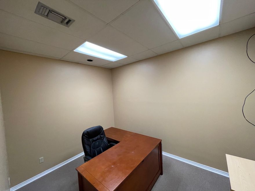 The space consists of 6 offices, waiting room, reception/check in, 2 restrooms,  & kitchen / break room.