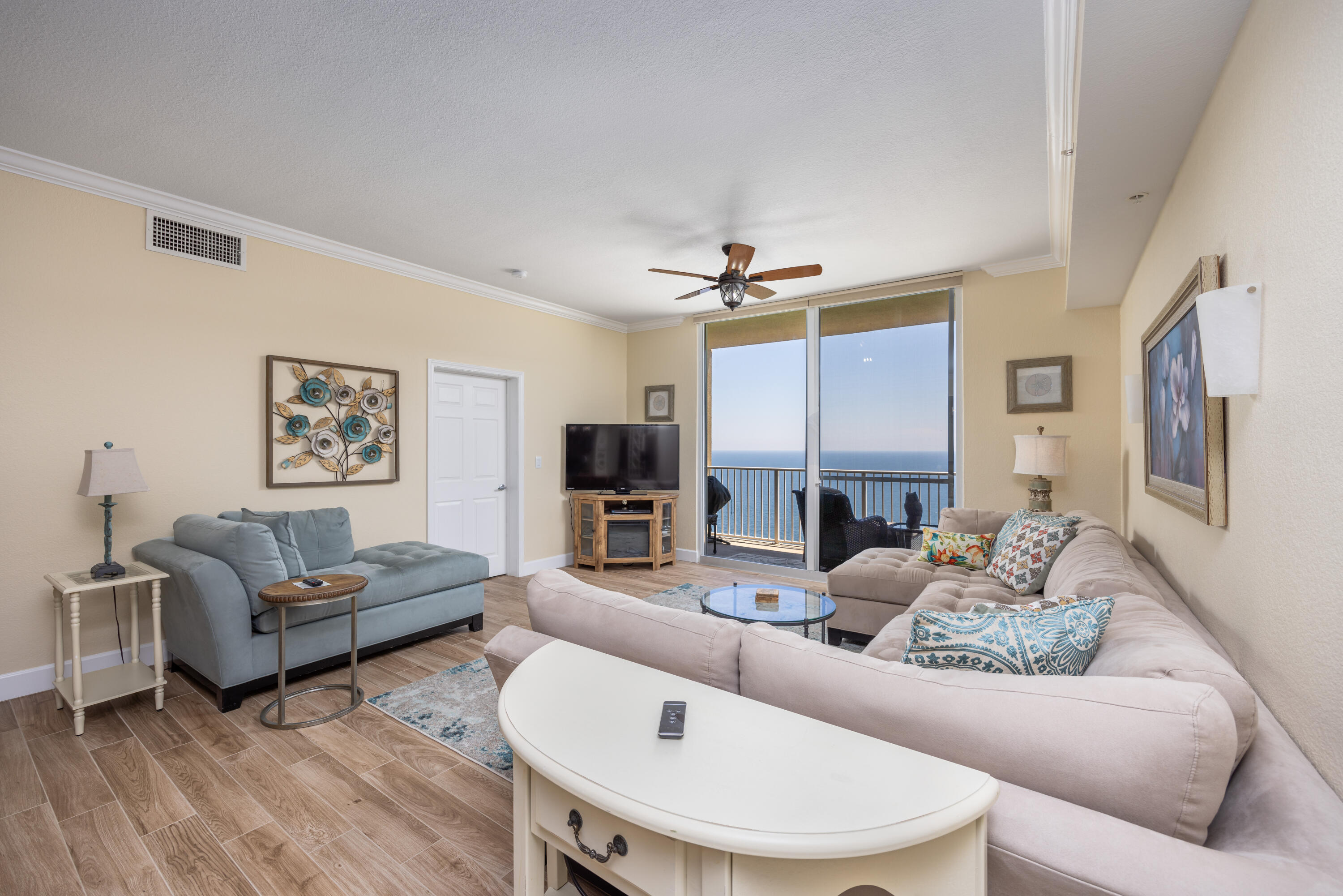 NEW HVAC and Hot Water Heater installed in 8/2024 and being sold fully furnished!!! 2905 Tidewater is truly turnkey, all you need to bring is your toothbrush and bathing suit. Measuring 1593 sqft, this is one of the largest 2 bdrm 2 bath condos in PCB. The spacious master bedroom and the living room offer direct access to the balcony that overlooks the emerald waters of the Gulf of Mexico! The beauty and peacefulness of the sights and sounds from the 29th floor will carry your stresses away. The interior finishes include: tile flooring throughout, granite counter tops, shaker cabinets, tile back splash, and custom paint. Some of the many amenities Tidewater Beach offers are: two gulf front pools, an indoor heated pool, gulf front fitness center, beach service, conference center,