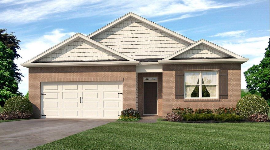 The Cali is one of our most popular one story floor plans featuring 4 bedrooms, 2 baths, covered back porch & 2 car garage. The open kitchen features a nice island bar, stainless appliances, beautiful granite countertops and an undermount sink. The kitchen opens to the dining area and great room w/ access to the covered porch. Great design, perfect for entertaining. Beautiful wood look flooring throughout with carpet in the bedrooms and the Smart Home Technology System package is also included. Bedroom 1 is just off the back side of the house & the adjoining bath features a walk in closet, double vanity sinks and large 5' shower. Pictures, photographs, colors, features, and sizes are for illustration purposes only & will vary from the homes as built.