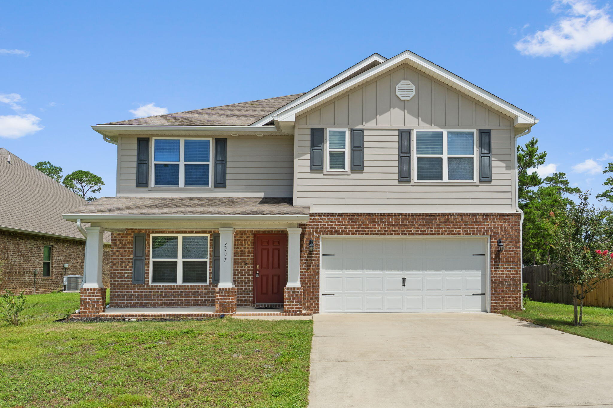 Welcome home to this fantastic 5 bedroom (plus an office AND upstairs loft/living room!), 3 bathroom home located in the popular and tucked away gem of a neighborhood Treasure Isle Estates just minutes to Navarre's beautiful beaches. Even more special? This Hayden floorplan is a beautiful 2 story design with over 2550sqft located at the end of the street with a cul-de-sac on a unique almost acre lot where the possibilities are endless! As you enter this home, there is a flex space that is perfect for an office, formal dining room, or school room. Through the foyer is the large open living space joined by a gorgeous kitchen and dining area with access to the backyard. The kitchen features all stainless appliances, tasteful tile backsplash, and it's open to the eat in kitchen area. Interior features also include luxury vinyl plank flooring throughout, with plush carpet in the bedrooms and plenty of closet space! There is one bedroom and one full bathroom located on the first floor, and upstairs are the 4 other bedrooms along with a great sized upstairs living room (with a closet!), and the laundry room. The master bedroom is a retreat with an oversized room and an en suite featuring a huge walk in closet, double vanities, a walk in tiled shower with glass door, and private water closet. Upstairs there is also another full bathroom with double vanities. Outside you'll love the possibilities to make this lot your own where you'll get all the space you've been looking for within a fantastic neighborhood!