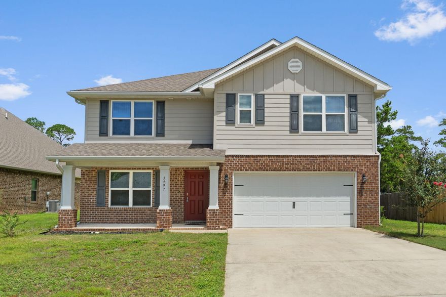 Welcome home to this fantastic 5 bedroom (plus an office AND upstairs loft/living room!), 3 bathroom home located in the popular and tucked away gem of a neighborhood Treasure Isle Estates just minutes to Navarre's beautiful beaches. Even more special? This Hayden floorplan is a beautiful 2 story design with over 2550sqft located at the end of the street with a cul-de-sac on a unique almost acre lot where the possibilities are endless! As you enter this home, there is a flex space that is perfect for an office, formal dining room, or school room. Through the foyer is the large open living space joined by a gorgeous kitchen and dining area with access to the backyard. The kitchen features all stainless appliances, tasteful tile backsplash, and it's open to the eat in kitchen area. Interior features also include luxury vinyl plank flooring throughout, with plush carpet in the bedrooms and plenty of closet space! There is one bedroom and one full bathroom located on the first floor, and upstairs are the 4 other bedrooms along with a great sized upstairs living room (with a closet!), and the laundry room. The master bedroom is a retreat with an oversized room and an en suite featuring a huge walk in closet, double vanities, a walk in tiled shower with glass door, and private water closet. Upstairs there is also another full bathroom with double vanities. Outside you'll love the possibilities to make this lot your own where you'll get all the space you've been looking for within a fantastic neighborhood!
