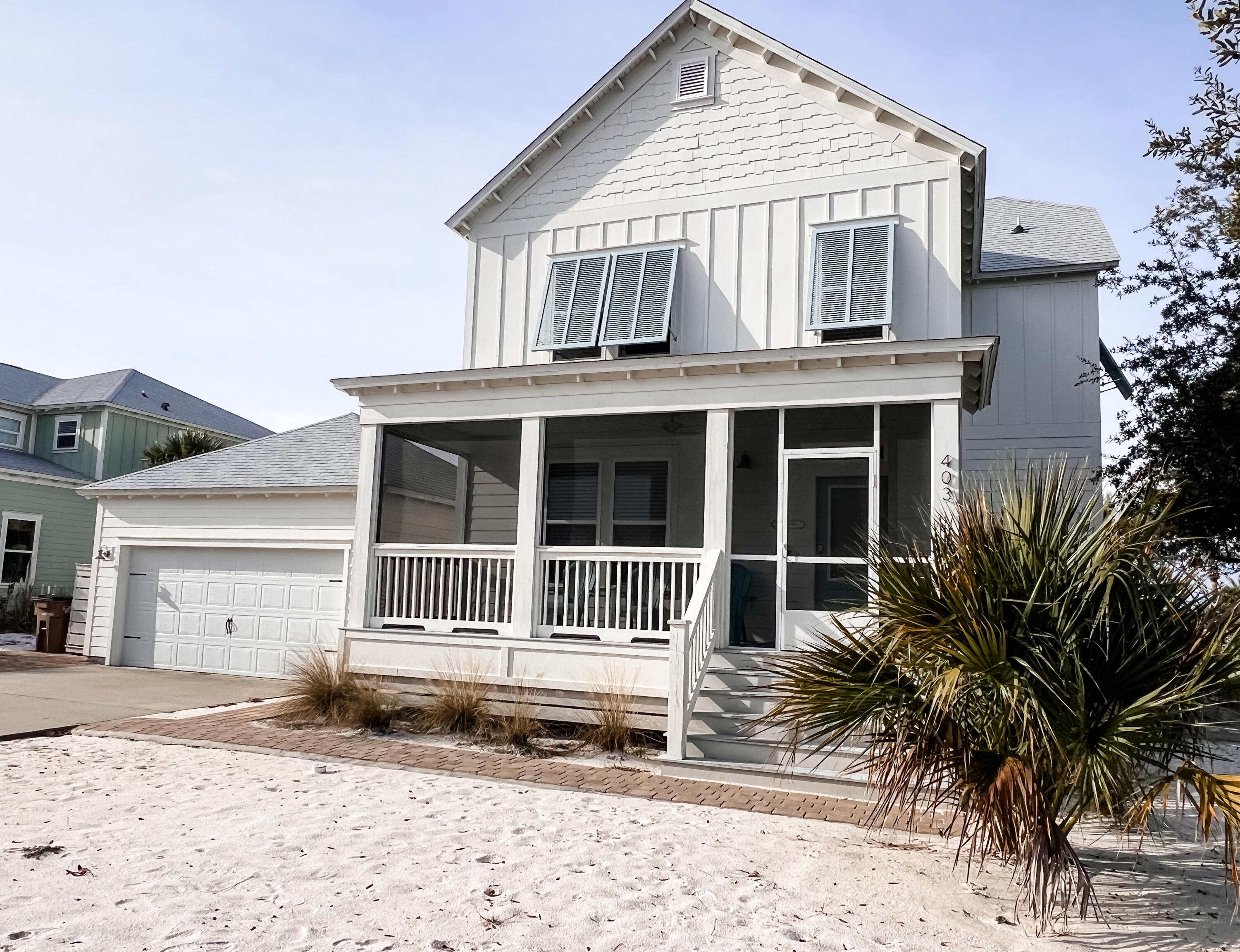 Sunsets, Beach, and Private Pool! This beautifully decorated and completely furnished 4 bedroom 3 bath beach house has spectacular views of the Gulf of Mexico and St Joseph Bay. Located in the coveted Windmark Beach community and situated on Front Street, one can have easy access to the town center, or drive only 5 minutes to Port St. Joe or Mexico Beach in either direction. MAIN LEVEL- Screened front porch before entry into the foyer with closet. Queen bedroom with closet for those preferring not to use the stairs gives way to an open floor plan. This consists of a spacious kitchen with breakfast island, Frigidaire stainless steel appliances (including gas stove and range), granite countertops, generous cabinet space and a pantry. Gulf and pool view great room with dining nook