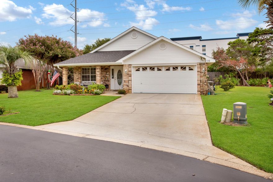 Classic Florida home located approximately 1/4 mi from the glorious white sand beaches of the Emerald Coast. This home's well-kept neighborhood not only has a beautiful pool and deeded beach access, but also allows short term rentals opening up the potential for investment opportunity. Lovingly maintained through the years, the home has a new roof (2021), new sprinkler system, new garage door opener, and a new AC installed in 2018. Featuring a large open concept kitchen/living space with Brazilian marble countertops and a screened-in lanai, you will love entertaining guests and living the beach life here. Situated on a large lot with room to add a private pool if desired.