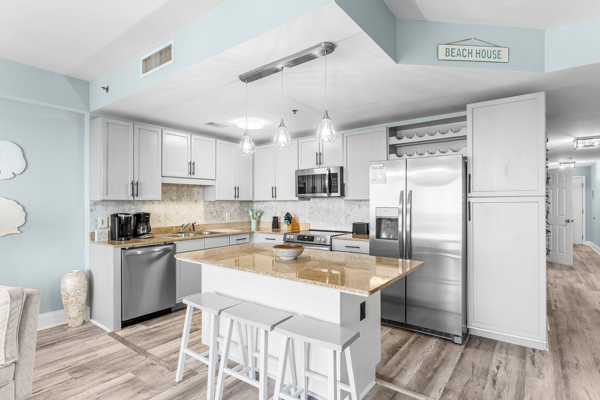 Discover the perfect coastal retreat at the iconic Laketown Wharf complex! This exceptional 1-bedroom, 2-bathroom condo offers magnificent Gulf views and features a versatile bunk room with a full bath for added convenience. Wake up to panoramic vistas of sparkling Gulf waters from your master suite, complete with an en suite bathroom for ultimate privacy. The kitchen is a chef's delight, boasting modern appliances and newly refinished cabinets with a stylish backsplash. Enjoy access to 7 pools, a pool bar, on-site restaurants, and an ice cream shop - everything you need for a relaxing escape or a lucrative investment opportunity. With a reduced sale price, this is your chance to own a piece of paradise. Don't miss out - reach out today for more information!