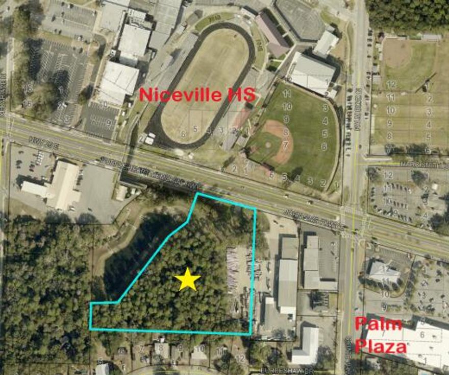 Commercial development opportunity on John Sims Pkwy across from Niceville High School! This 4.79-acre parcel is zoned C-1 and has a traffic count of 38,000 vehicles daily. There is a ground lease with Interior Exterior Building Supply on the southeast corner of the parcel and a Lamar Billboard ground lease, however, both have termination clauses if the property is sold and the buyer is not interested in assuming the leases. The City of Niceville has an access easement to their adjacent stormwater property. Notify listing agent prior to an onsite viewing of the property.