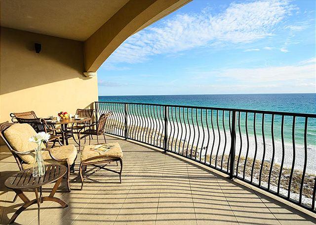 Unbelievable panoramic views from this top floor beachfront condo! Beautifully furnished, flat screen Tv's, built in bookcases, surround sound, fireplace, and a gourmet kitchen boasting Viking appliances, granite countertops,& stone backsplash.Master suite is gulf front, Jacuzzi tub with separate shower, crown molding and travertine flooring. Owner is a licensed Florida Real Estate Salesperson/Broker.