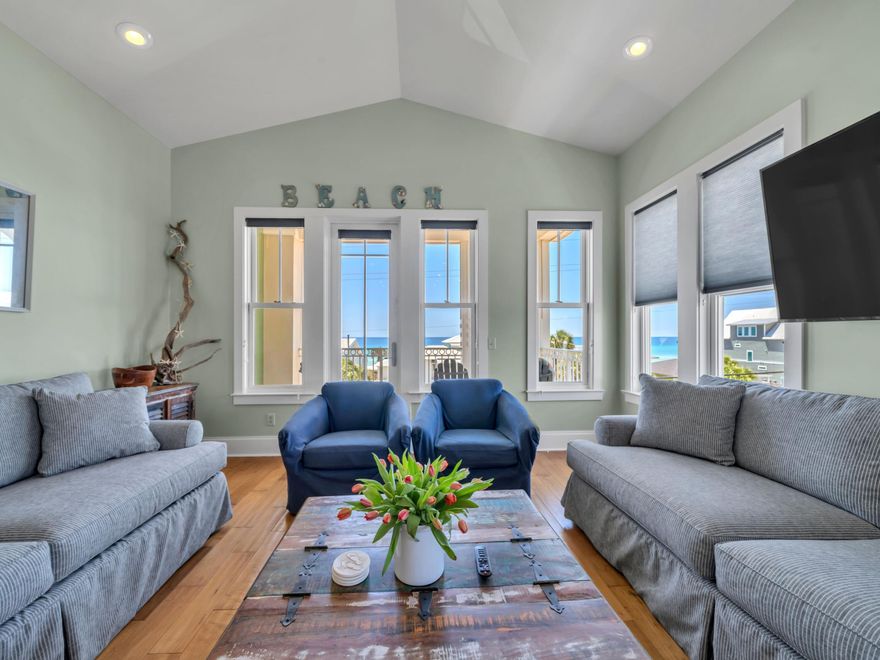 $133,000 rental income for 2023 on the books. Located between Pier Park and Thomas Donut and Snack Shop, just 100 yards from the beach, this stunning beach house is all about location. Spread over three levels it has a lock-out suite on the ground floor and stunning gulf views from the gorgeous third-floor living space. The hydraulic elevator makes every floor easily accessible. Totally remodeled in 2022, this home is large enough to be a main residence, but could easily accommodate 14 guests as a vacation home. Sold furnished, it has high-impact windows, a new metal roof, fresh paintwork, granite counters and hardwood flooring making it rental-ready. With no HOA fees, it is highly attractive for investors. The first-floor lock-out is self-contained with its own kitchen, king-size bedroom, spa bathroom and living room with sleeper sofa. Two king suites with private balconies plus a bunk hall take up the second floor while the third floor boasts expansive open living space with breathtaking gulf views from the balcony. There's also a luxurious master suite with built-in closets, a whirlpool tub and a private balcony on this floor. Gleaming hardwood floors and a cathedral ceiling create a bright and welcoming living space. Two comfy sleeper sofas in the sitting area increase sleeping capacity. There's a fully equipped coastal antique-style kitchen with granite countertops and stainless appliances for keeping everyone fed and clean-up is easy with a central vacuum. The dining table is supplemented by a wraparound breakfast bar with stools. The home has outstanding gulf views from the third-floor balcony, which is sure to be the hub for sunset drinks and evening get-togethers before dinner. Set behind a privacy wall, the heated pool and spa will keep everyone cool and entertained each day when not enjoying swimming and watersports at the beautiful beach. Light up the barbecue for poolside parties on the paved patio. With parking for six vehicles plus garage storage for beach toys and bicycles, this is the perfect vacation home.