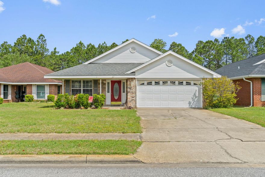 This Emerald Village beauty right outside the back gate of Hurlburt Field is truly the gem you've been waiting on to call home! Located on one of the larger lots in one of the most popular neighborhoods in Fort Walton Beach with no HOA, you'll love this location close to shopping, restaurants, and the Emerald Coast's beautiful beaches. You'll also have peace of mind with a roof installed in 2019, an HVAC system installed in 2021, a water heater installed less than a year ago in 2024, and a preventative termite bond protecting the home. Inside you'll find an open and split floor plan layout featuring 3 bedrooms PLUS a front flex room. You'll love the kitchen which features some stainless appliances and granite countertops, the interior laundry room leads out to the two car garage. The spacious master bedroom is the perfect retreat rfor your king sized bedroom set, with a bathroom that has double vanities, a shower/tub combo, and a linen closet. The other two nice sized bedrooms have ample closet space and share a full sized bathroom with an upgraded vanity with granite counters. 

Enjoy the outdoors in the fully privacy fenced in backyard with a wooded backyard view. Welcome home to 1617 Florence Avenue!