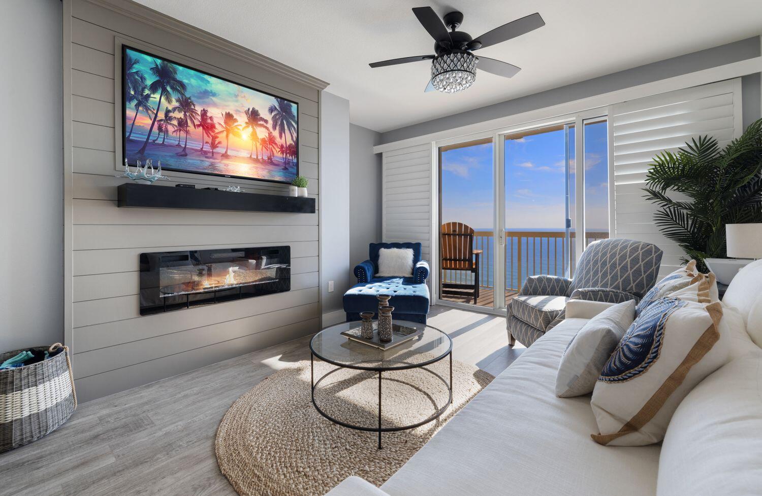 Coastal Elegance at its finest. 30A refinement at PCB pricing! This unit is customized and upgraded to the max from the continuity of colors (soft greys and whites) throughout to beautiful quartz countertops in kitchen and bathrooms. The kitchen has high quality shaker style cabinets with soft close drawers and elegant decorative backsplash. The bunkroom is concealed by a barn door. The AC is 1 yr new, and water heater and all appliances new and under warranty. Look out at the gorgeous emerald, green waters of the Gulf from your master bedroom or living room and watch amazing sunsets, see the dolphins playing and the occasional manatee swimming by. This unit is furnished with high quality and highly desirable pottery barn furnishings throughout. The walls in the main areas are elegantly accented with attractive shiplap. The living room entertainment wall is well appointed with decorative ship lap, electric fireplace and a large mounted flatscreen TV. Dual Head Shower Panel System with 5-way Diverter. This unit was not a general rental, owners lived there. The complex features two pools- one beachside, one across the street (heated)-a well-equipped fitness center, plenty of parking for guests in the large garage, tennis and more. One spot is available with this unit for private use.