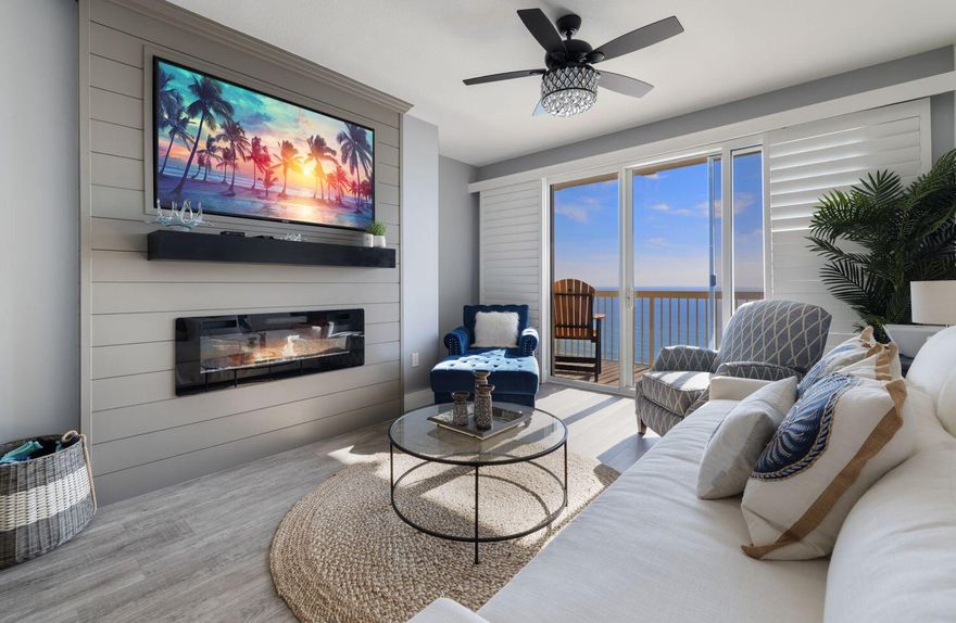 Coastal Elegance at its finest. 30A refinement at PCB pricing! This unit is customized and upgraded to the max from the continuity of colors (soft greys and whites) throughout to beautiful quartz countertops in kitchen and bathrooms. The kitchen has high quality shaker style cabinets with soft close drawers and elegant decorative backsplash. The bunkroom is concealed by a barn door. The AC is 1 yr new, and water heater and all appliances new and under warranty. Look out at the gorgeous emerald, green waters of the Gulf from your master bedroom or living room and watch amazing sunsets, see the dolphins playing and the occasional manatee swimming by. This unit is furnished with high quality and highly desirable pottery barn furnishings throughout. The walls in the main areas are elegantly accented with attractive shiplap. The living room entertainment wall is well appointed with decorative ship lap, electric fireplace and a large mounted flatscreen TV. Dual Head Shower Panel System with 5-way Diverter.  This unit was not a general rental, owners lived there. The complex features two pools- one beachside, one across the street (heated)-a well-equipped fitness center, plenty of parking for guests in the large garage, tennis and more. One spot is available with this unit for private use.