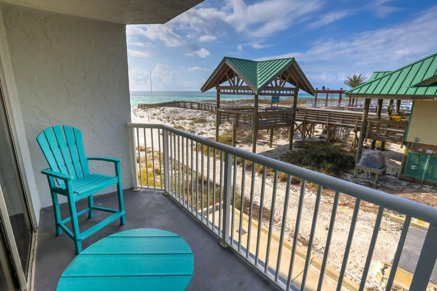 Beachfront bldg- studio condo w/Large balcony & excellent Gulf view! Fully furnished & turnkey ready. This unit is largest floor plan for a studio condo. Tile floor is a neutral color, well maintained. A full-sized galley style kitchen.  This condo has gross rental income of  (2021/34k ) (2022/38k). Private gated garage parking for owners. Also owners have a large shared exterior storage closet. Building had a multi-million dollar repaint and refurbish in 2021.~ Owner COST TO OWN: HOA fees, Electricity and 'Walls-in' Insurance. [HOA fees cover AC/Heat, basic cable & internet, water, sewer.] ~Queen Size bed 2022 new box springs, Queen size sleeper sofa; 2016 installed vented microwave, 2017 new oven, 2019 new HVAC commercial grade air handler/ thermostat, SEE list in documents. ~