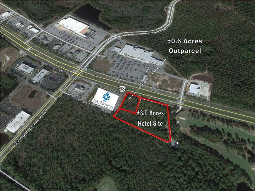 Located on South side of Panama City Beach Parkway near intersection of Richard Jackson Boulevard, between Hombre Golf Course and Bay Medical Center at the beach. Also, across from Publix Shopping Center, Office Depot and Dunkin Donut. Zoned Commercial High Intensity (CH), subject to deed restrictions. Please inquire for details.