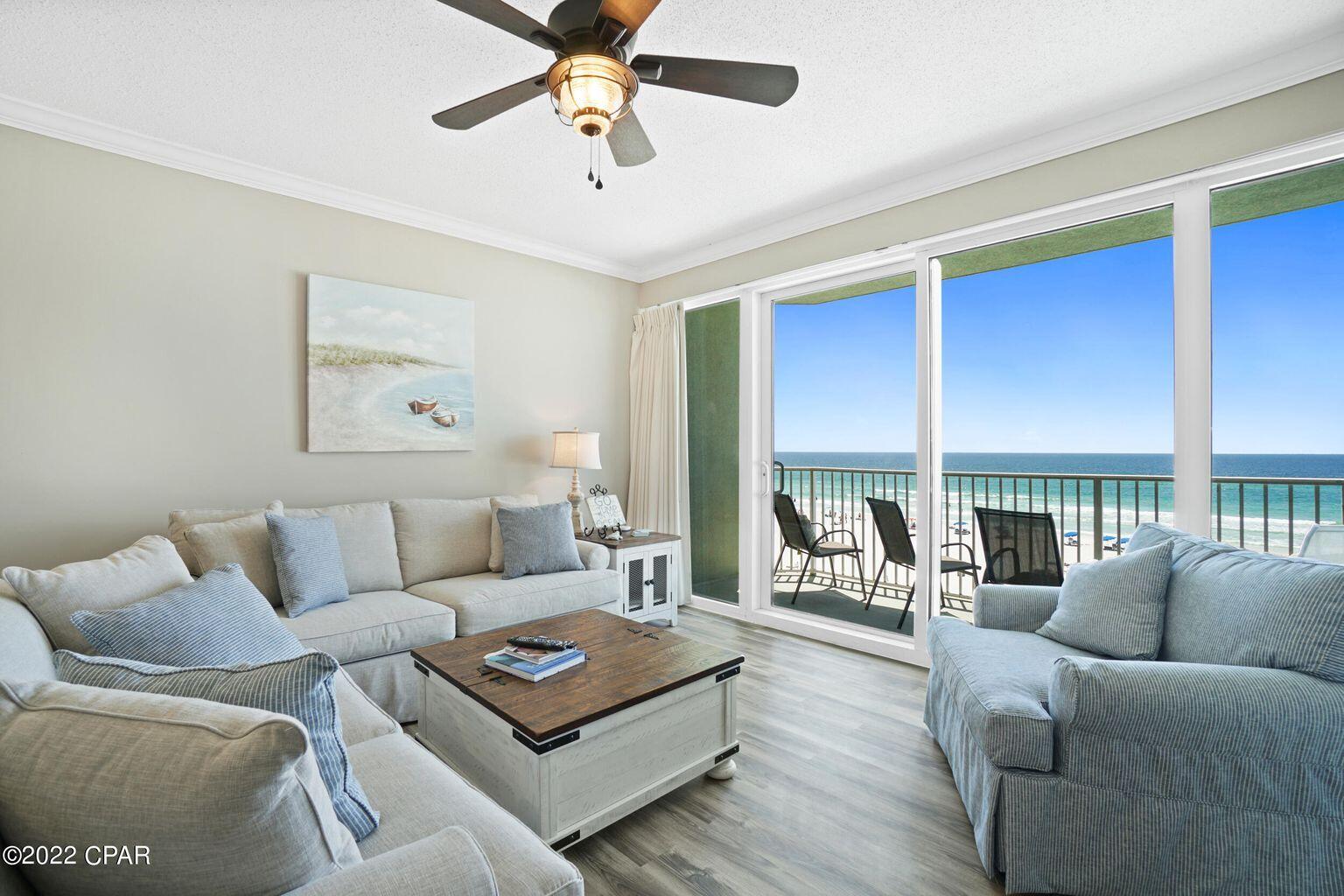 The best aspects of Florida living come together in this exceptional coastal condominium at the Boardwalk Beach Resort! Perfect elevation - 3rd flooris the perfect elevation! Not too high and not too low! Beautifully furnished and rental equipped (Sleeps 6)!!! The property features an open kitchen/living designwith tremendous views and balcony access as well. Interior highlights include LVP throughout, granite countertops in kitchen, completely renovated bathroom, 9'ceilings, crown molding, six panel doors, designer perfect furnishings and accessories