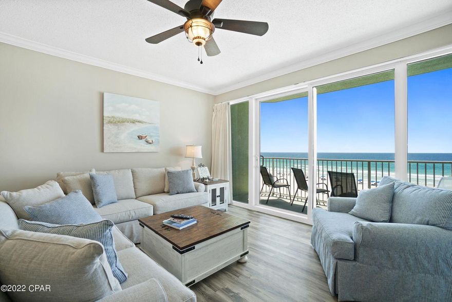 The best aspects of Florida living come together in this exceptional coastal condominium at the Boardwalk Beach Resort! Perfect elevation - 3rd flooris the perfect elevation! Not too high and not too low! Beautifully furnished and rental equipped (Sleeps 6)!!! The property features an open kitchen/living designwith tremendous views and balcony access as well. Interior highlights include LVP throughout, granite countertops in kitchen, completely renovated bathroom, 9'ceilings, crown molding, six panel doors, designer perfect furnishings and accessories