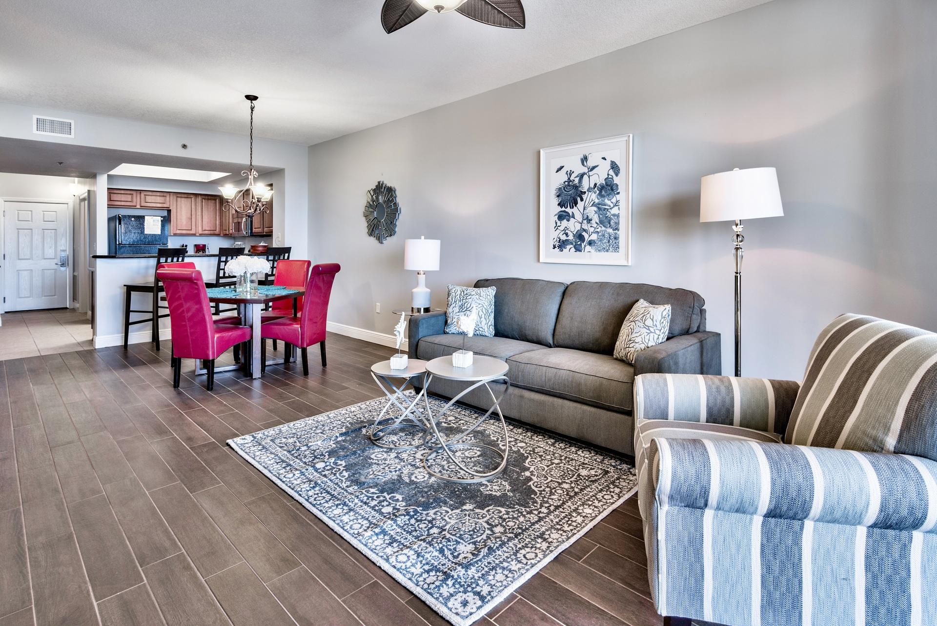 Beautifully remodeled unit! This is the deal you were waiting for! Rental ready with new wood-look tile floors throughout, new furnishings, new paint, and new bedding! This condo showcases Gulf and lake views from the unit and an oversized balcony for entertaining and dining! Just steps to Destin's white sand beach. This stunning condo comes fully furnished and offers two spacious bedrooms including a GULF FRONT master suite with a spa-like master bath, separate shower and a large living area with magnificent windows and oversized balcony. Guest bedroom has twin over full bed with Tv's in both bedrooms and living area. Enjoy the resort style amenities. including: 12,000 sf of pools (1) with seasonally heated areas, tennis, on-site restaurant ''Cabana Cafe'', 18-hole on-site golf course and pro shop, 8 tennis courts and 2,000 feet of beautiful deeded beach!.