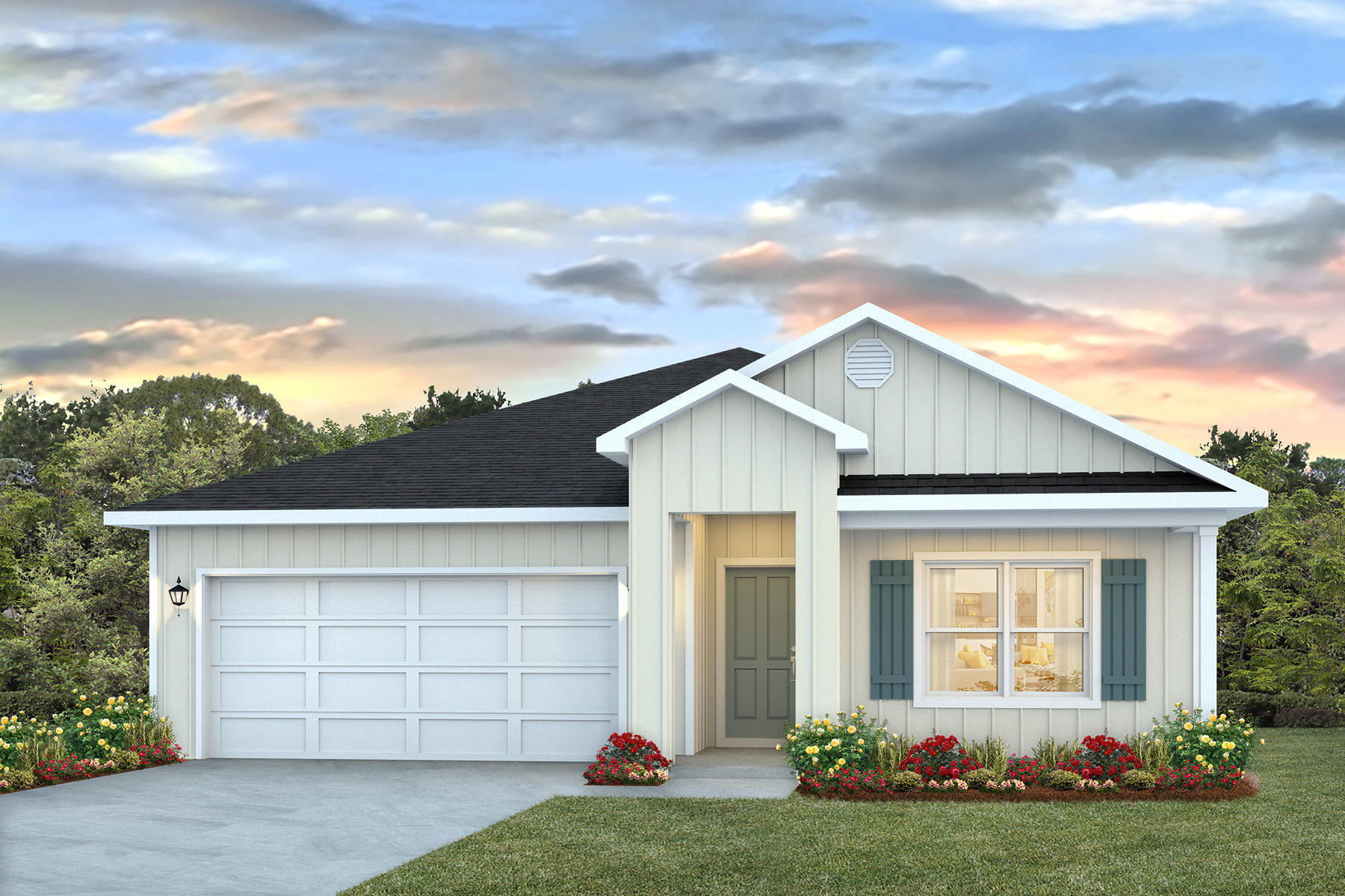 Welcome to 165 Eunola Lane, a new home at Ashton Park Phase III in Freeport, Florida. This home is under construction. Entering this home through a covered entry and porch perfect for an outdoor seating area for your afternoons or a morning coffee. Step into the light-filled foyer that effortlessly flows into the heart of this inviting 4-bedroom, 2-bathroom home. Off the entry hall, you will find two generously sized bedrooms, each with its own large closet, separated by a shared full bathroom. The third guest bedroom is located off a hall with laundry room offering a private retreat for guests or a functional home office or den. The heart of the home is the open-concept living space, where the kitchen, dining area, and living room merge seamlessly under 8-foot ceilings with EVP flooring in all common areas. The kitchen has a large center island with room for bar seating and spacious pantry. Kitchen features include granite countertops, a stainless-steel appliance package with stove, microwave and dishwasher as well as beautiful white cabinetry.
The primary bedroom located at the back of the home for privacy and has plush carpet. It features a spacious bathroom with an oversized walk-in closet, a dual sink vanity, open shower, and a large soaking tub as well as a separate water closet. Stepping outside through the glass door, the covered patio invites you to relax and enjoy the scenic surroundings. With its thoughtful design and high-quality finishes, the Cali floorplan delivers comfort and style for modern living.